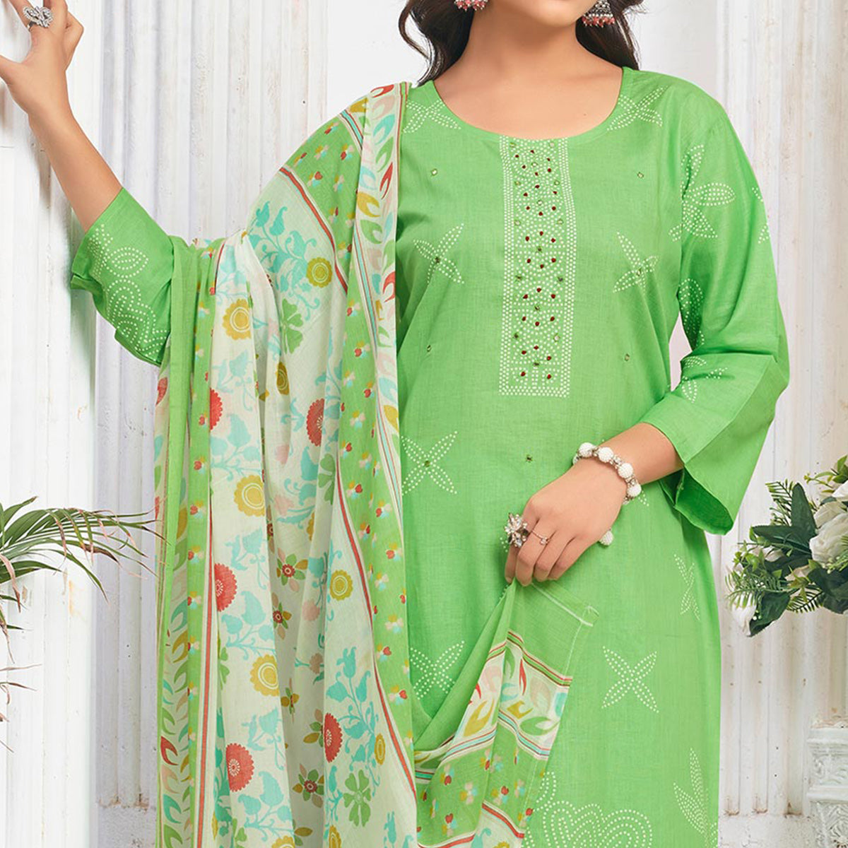 Green Floral Printed Pure Cotton Salwar Suit