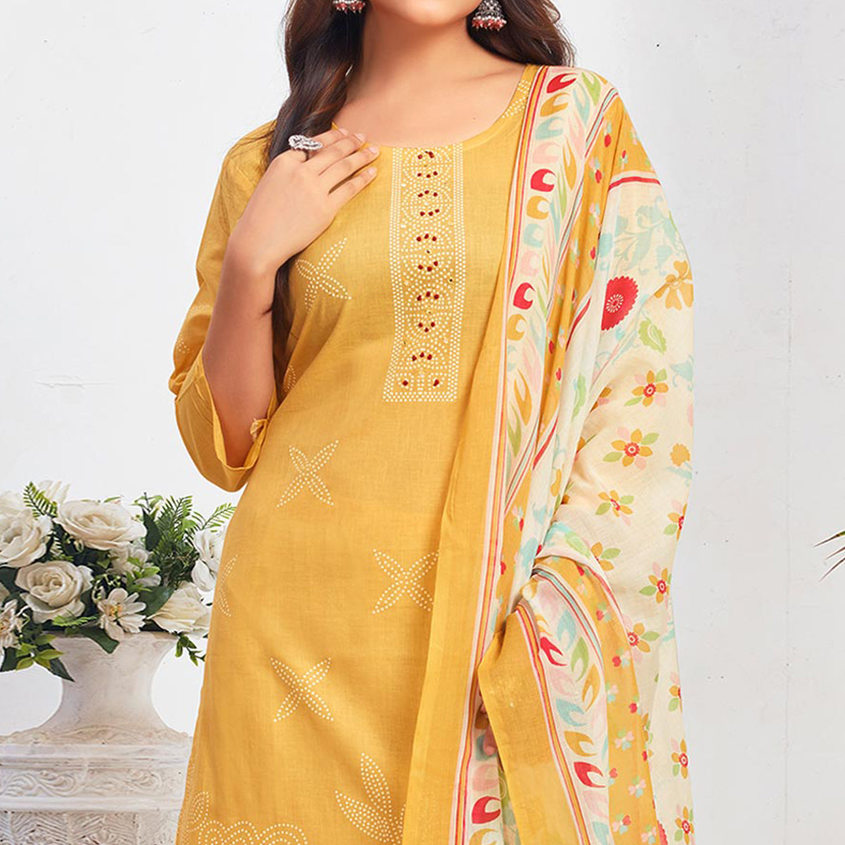 Mustard Floral Printed Pure Cotton Salwar Suit