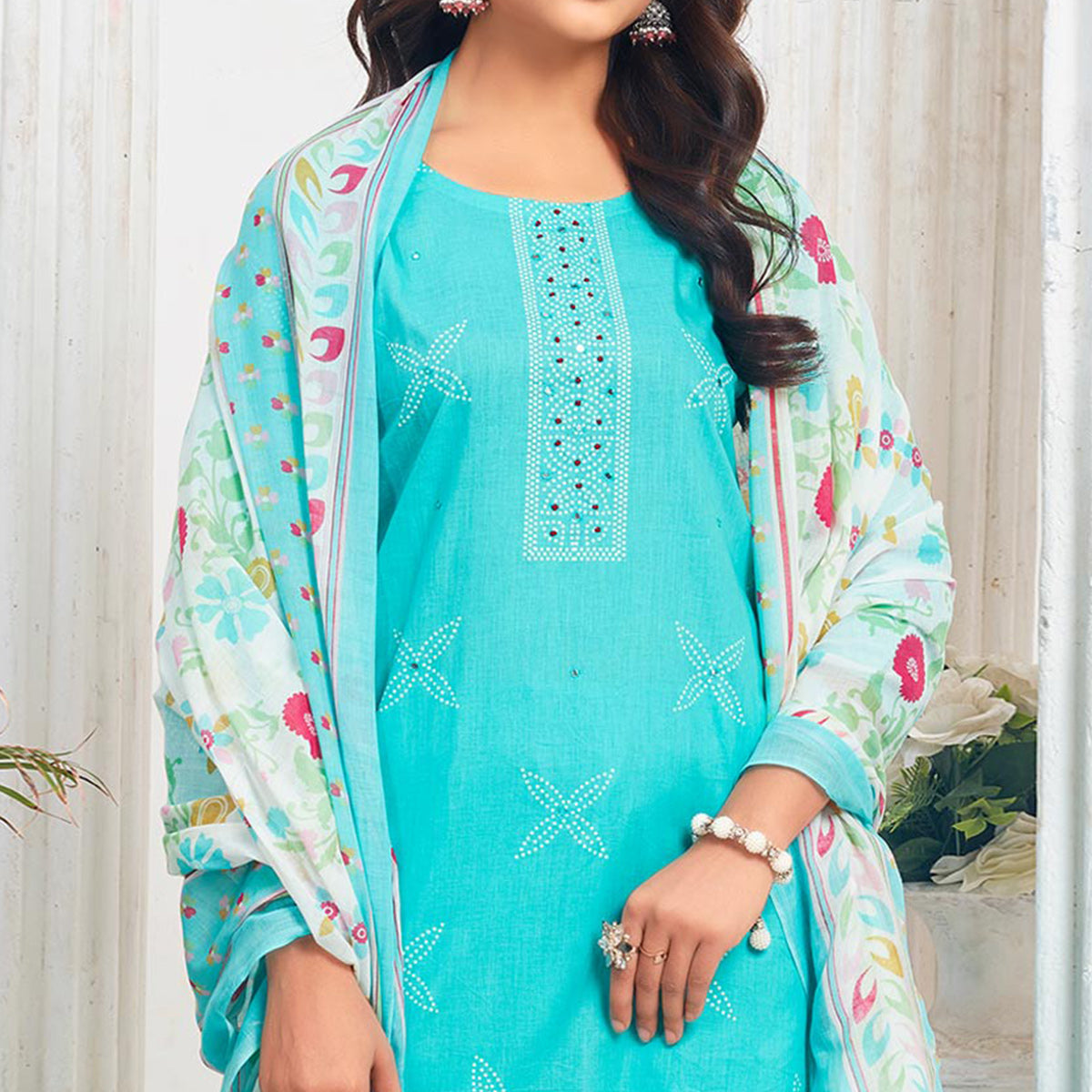 Turquoise Floral Printed Pure Cotton Salwar Suit