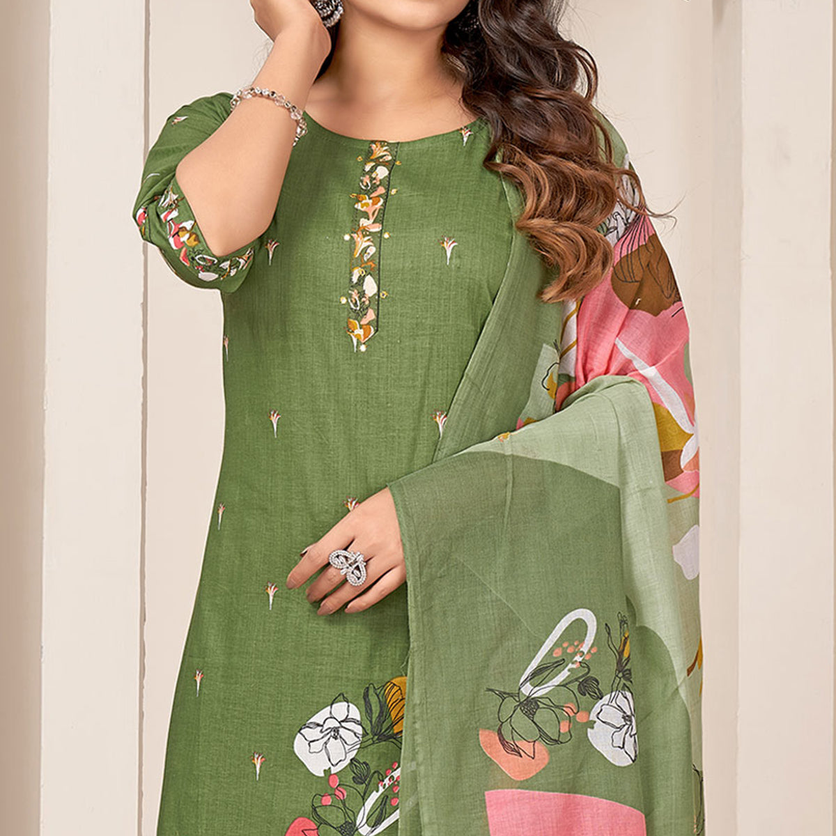 Green Floral Printed Pure Cotton Straight Salwar Suit