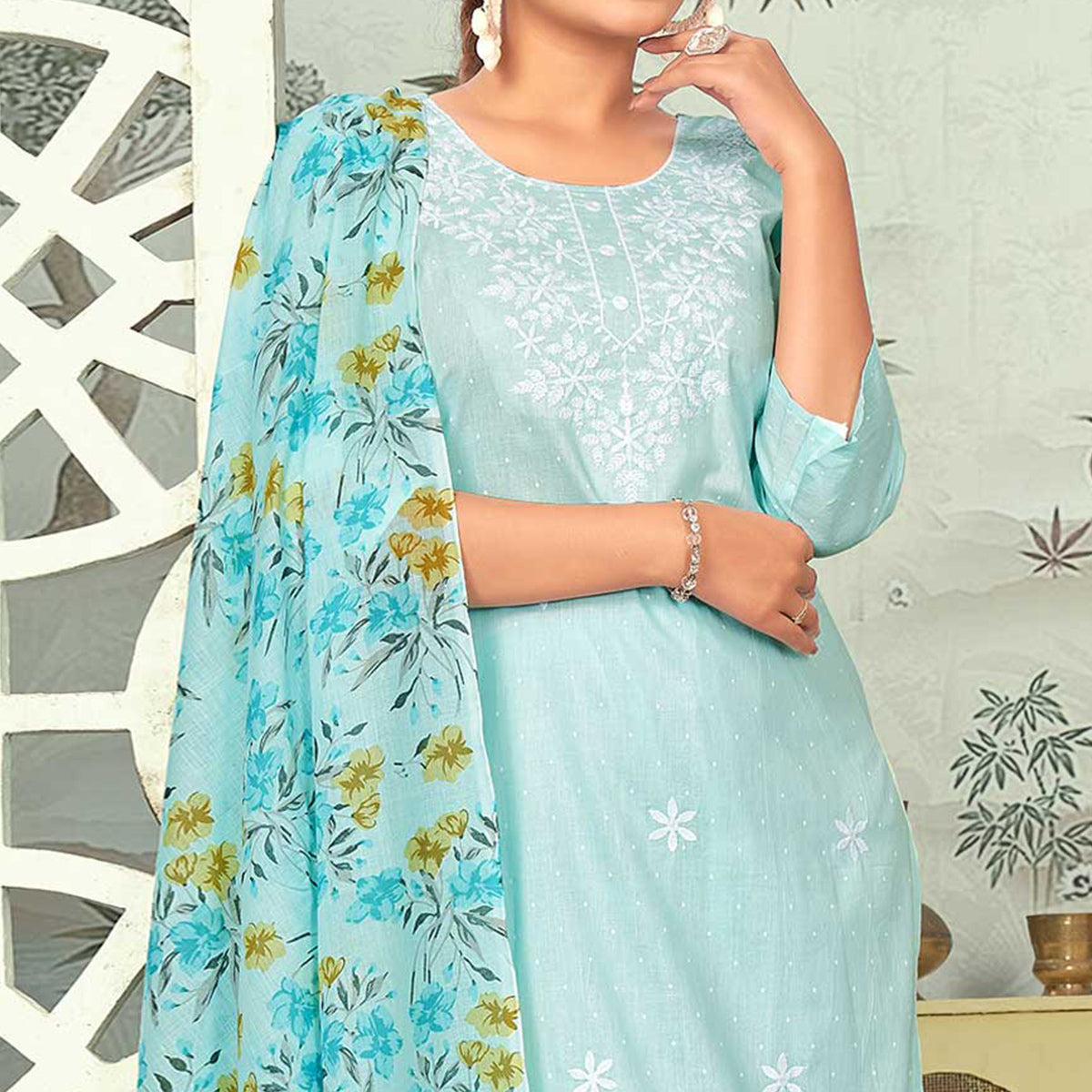 Blue Embroidered Pure Cotton Salwar Suit