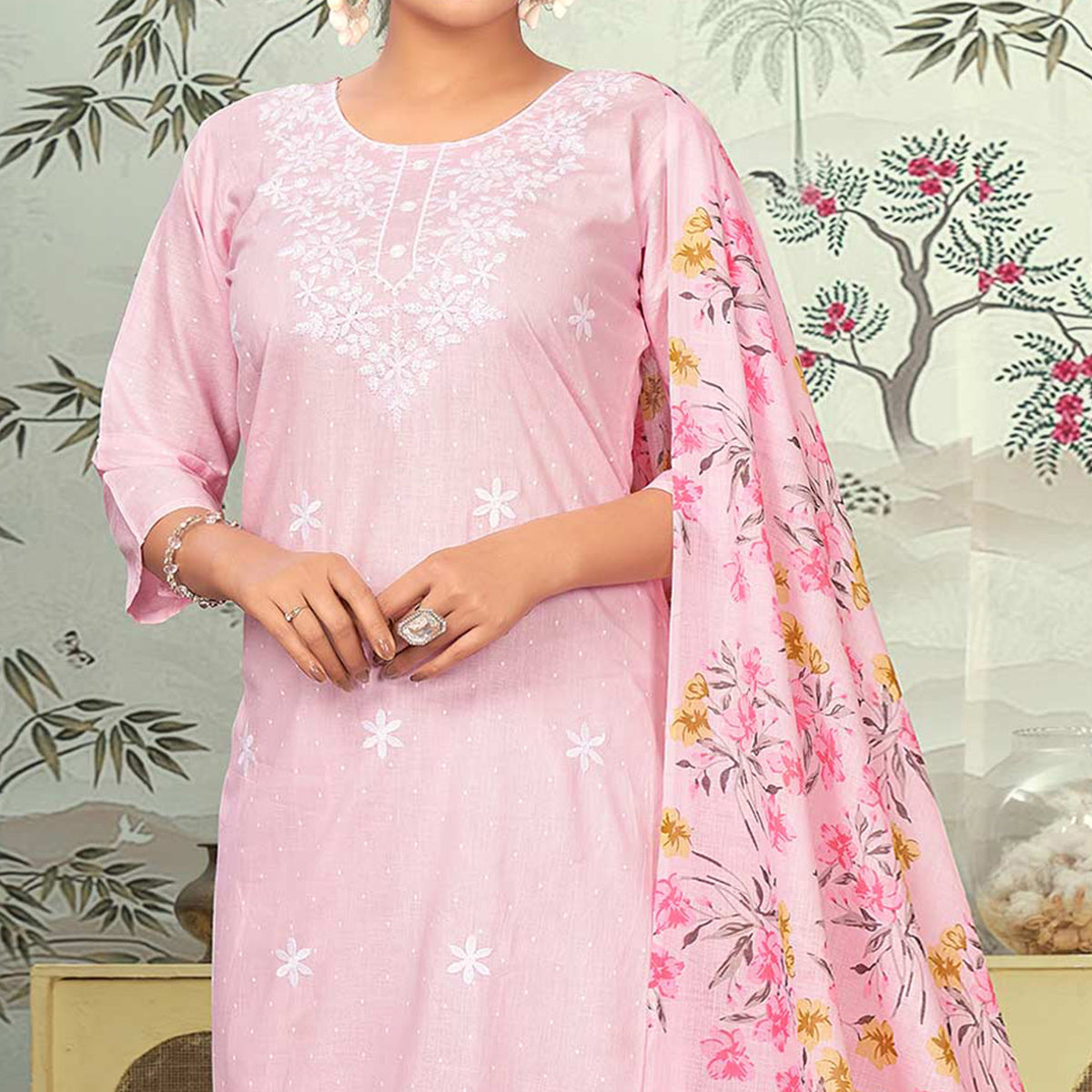 Light Pink Embroidered Pure Cotton Salwar Suit