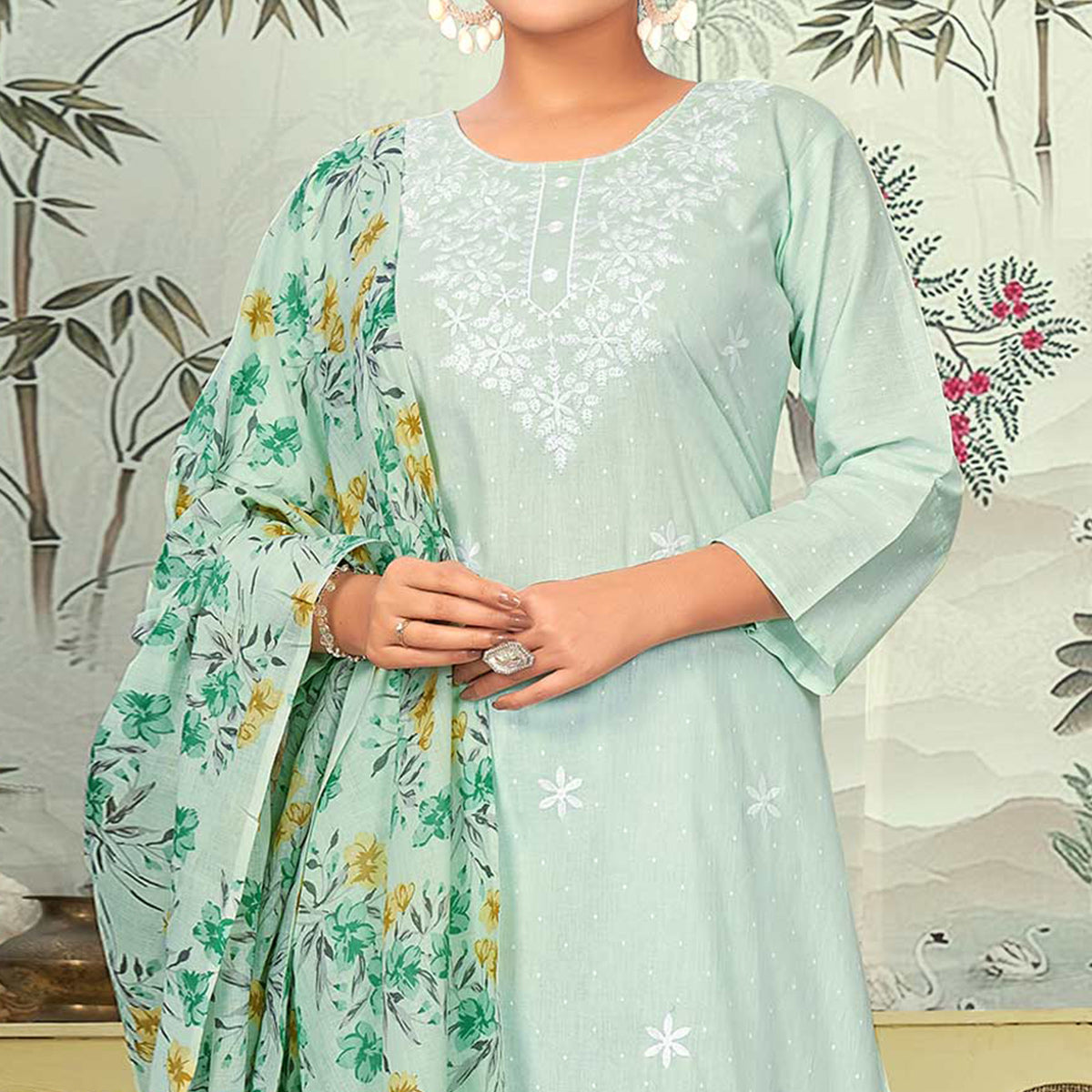 Sea Green Embroidered Pure Cotton Salwar Suit