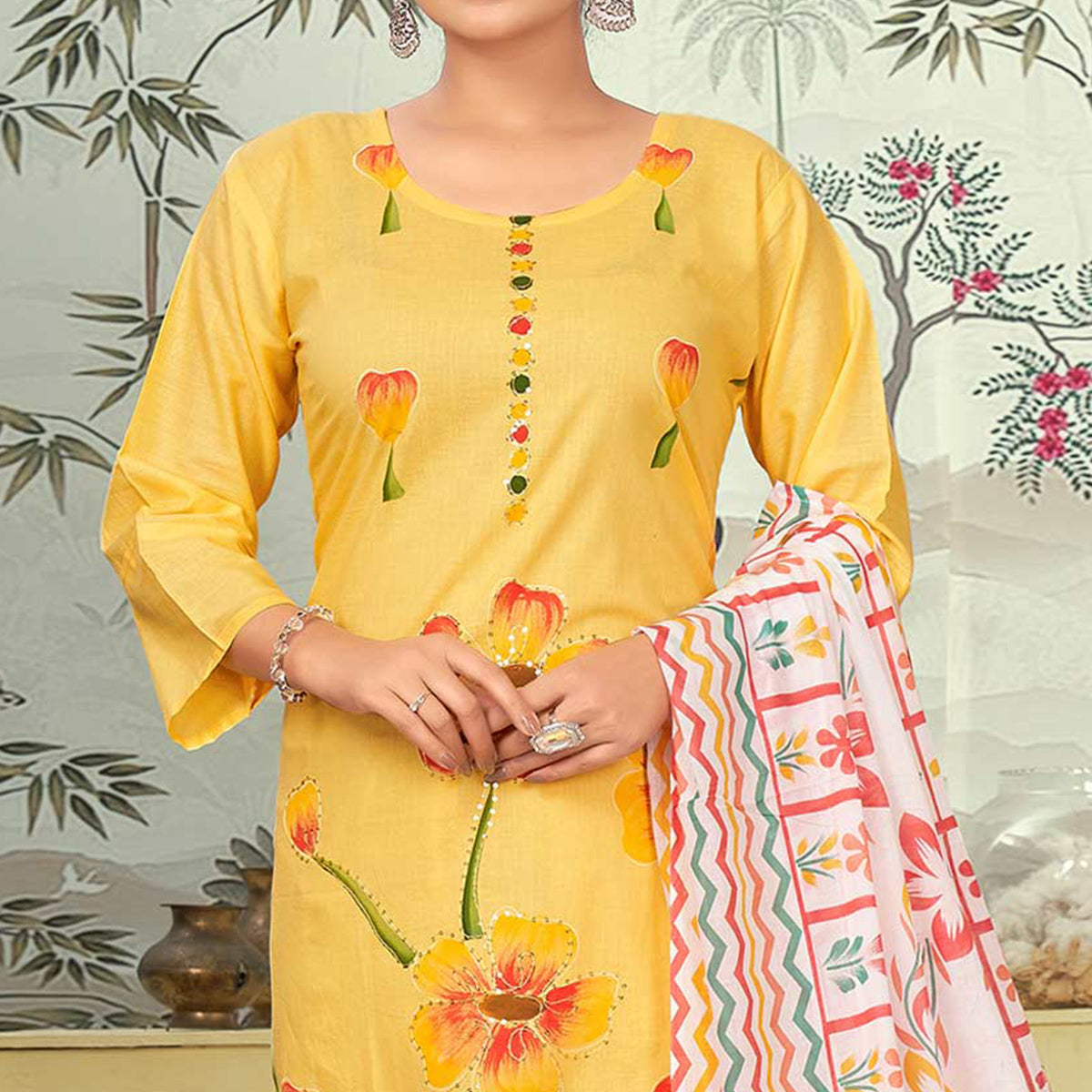 Mustard Floral Printed Pure Cotton Salwar Suit