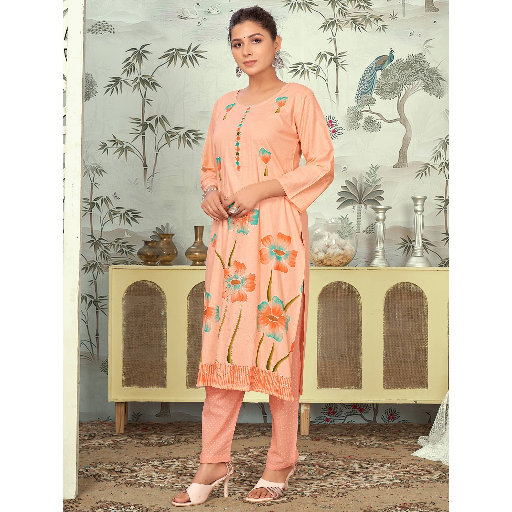 Peach Floral Printed Pure Cotton Salwar Suit