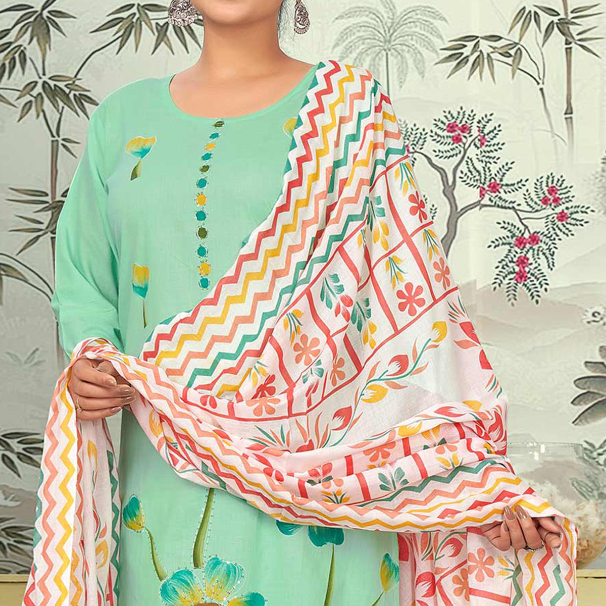 Sea Green Floral Printed Pure Cotton Salwar Suit