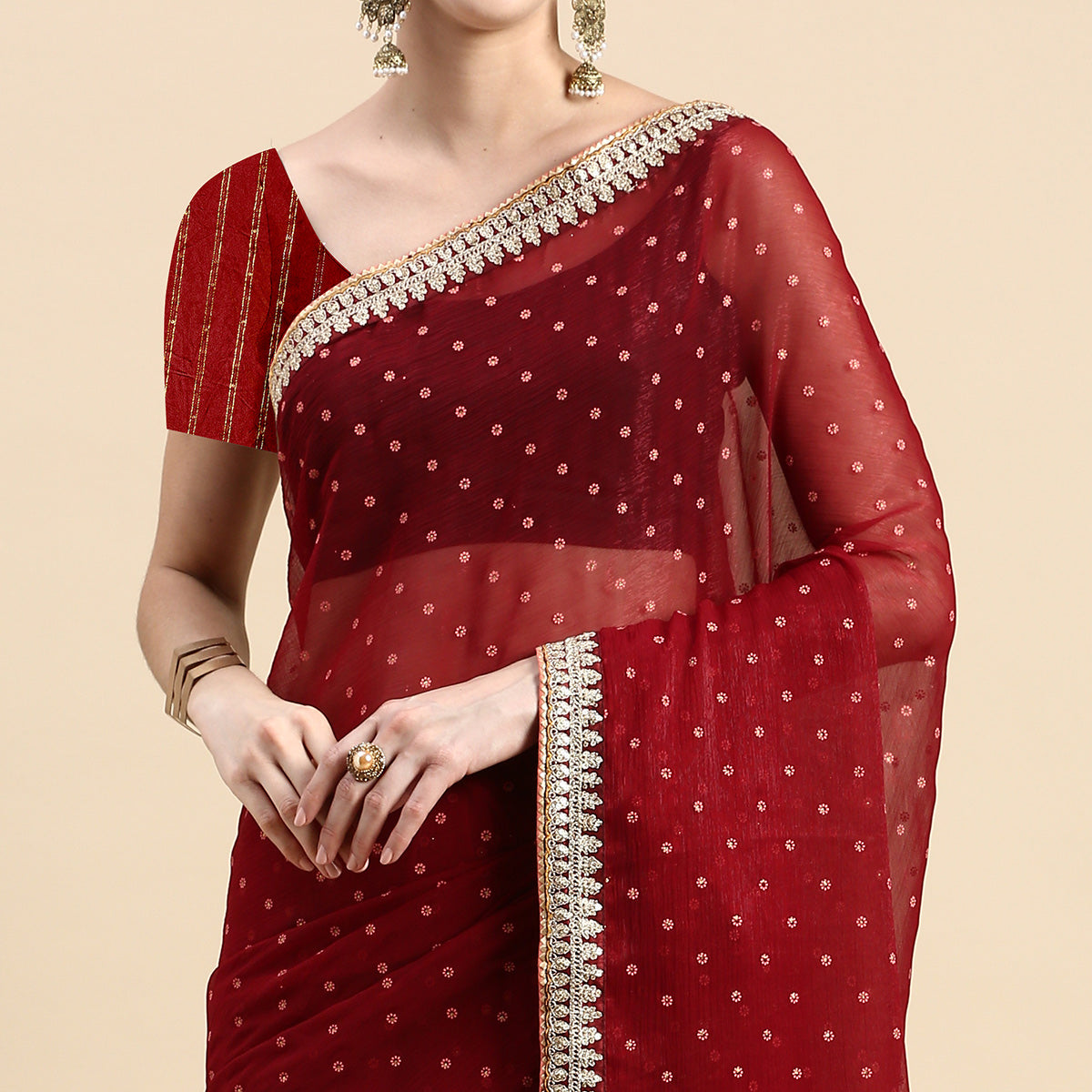 Maroon Foil Printed With Embroidered Border Chiffon Saree