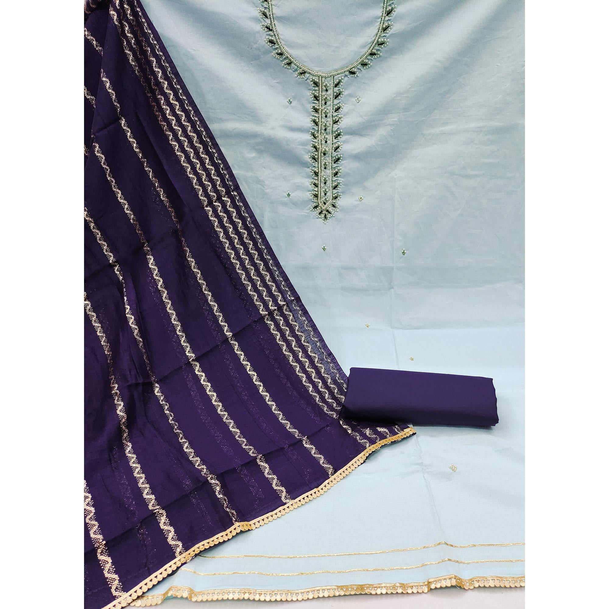 Blue Zardosi Moti Work Pure Cotton Dress Material