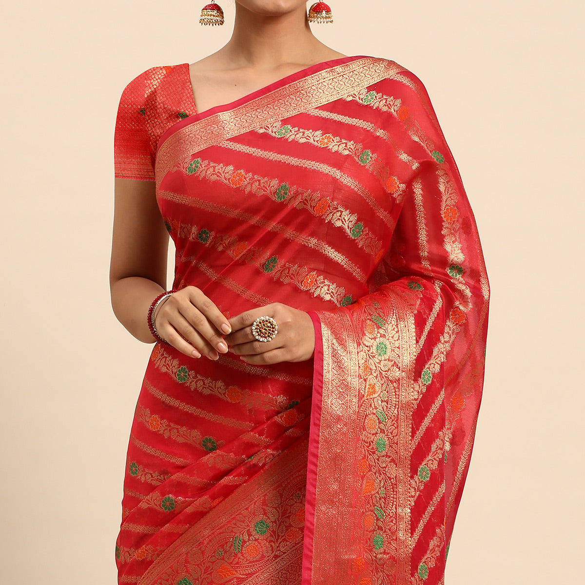 Pink Floral Woven Organza Silk Saree