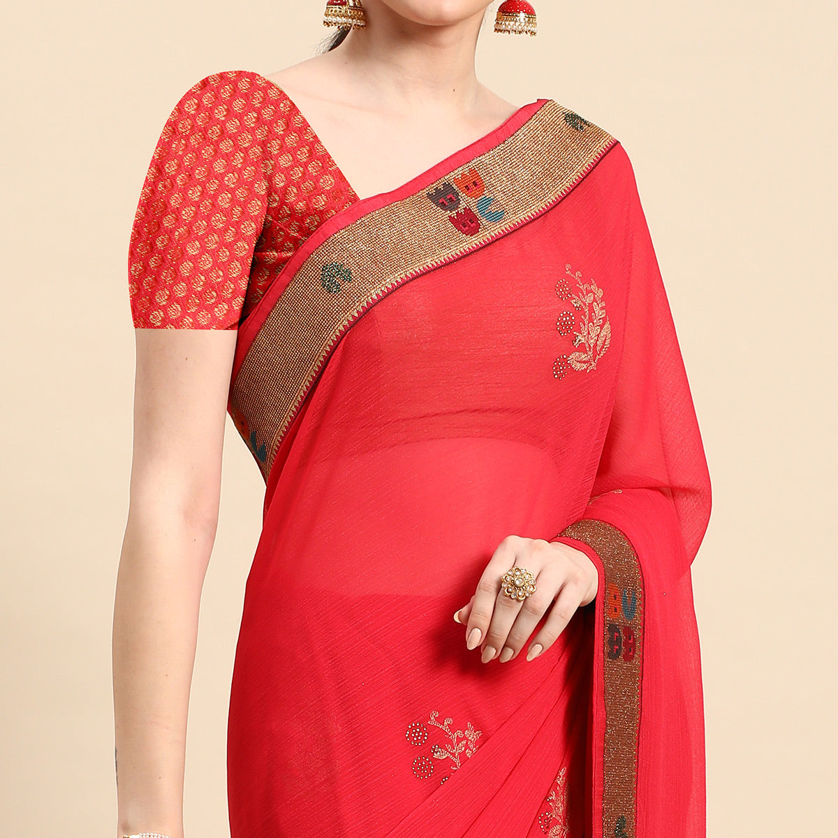 Red Foil Printed With Swarovski Zomato Silk Saree