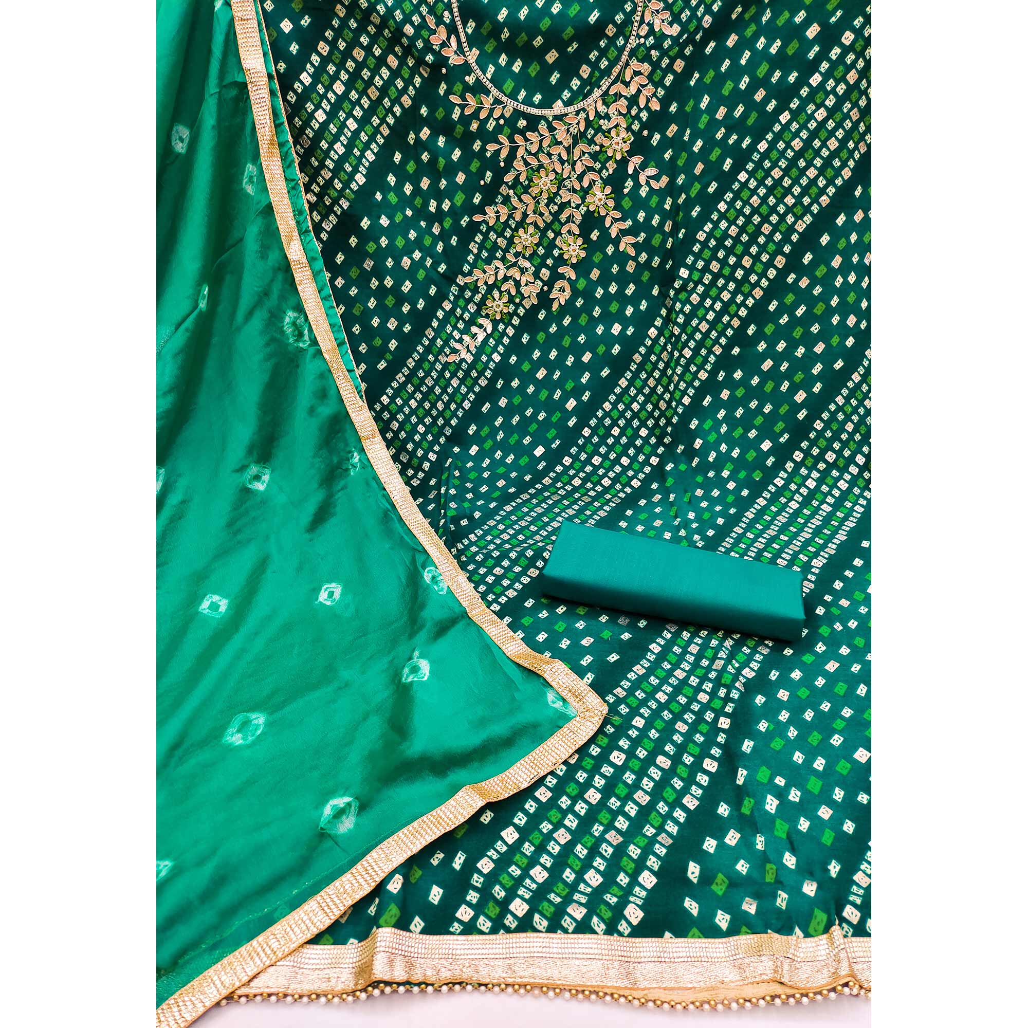 Green Printed With Handwork Pure Cotton Dress Material