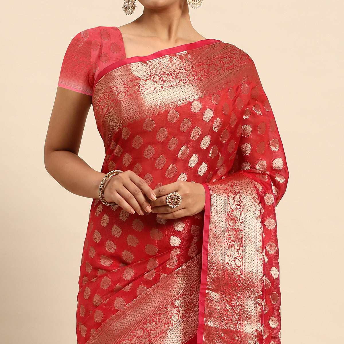 Red Woven Organza Silk Saree With Tassels