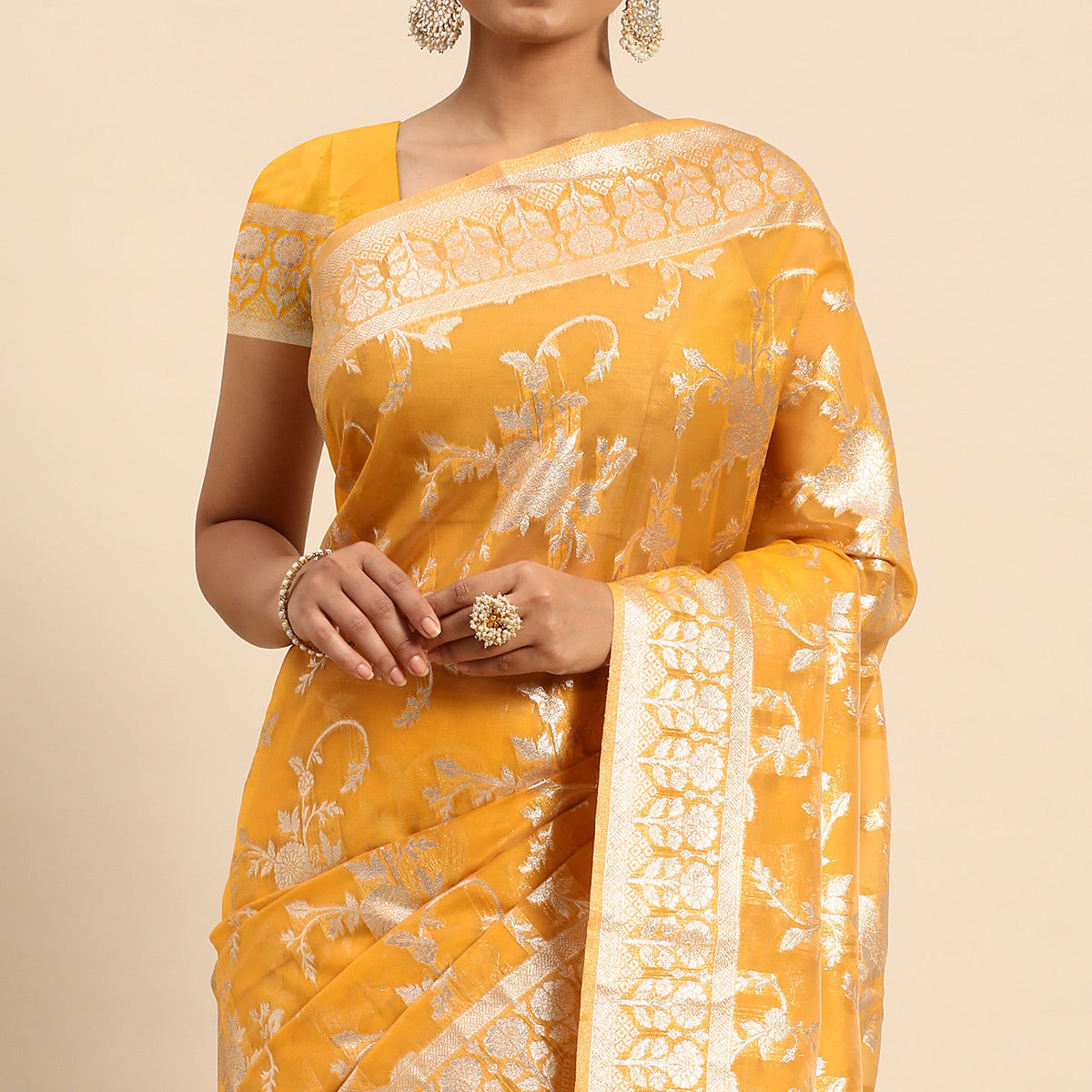 Yellow Floral Woven Organza Silk Saree With Tassels