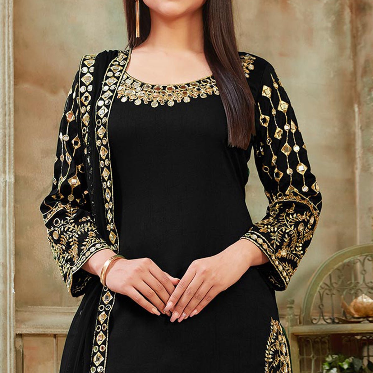 Black Floral Embroidered Art Silk Patiala Suit