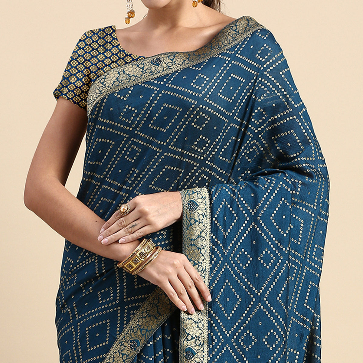 Blue Foil Printed With Swarovski Vichitra Silk Saree