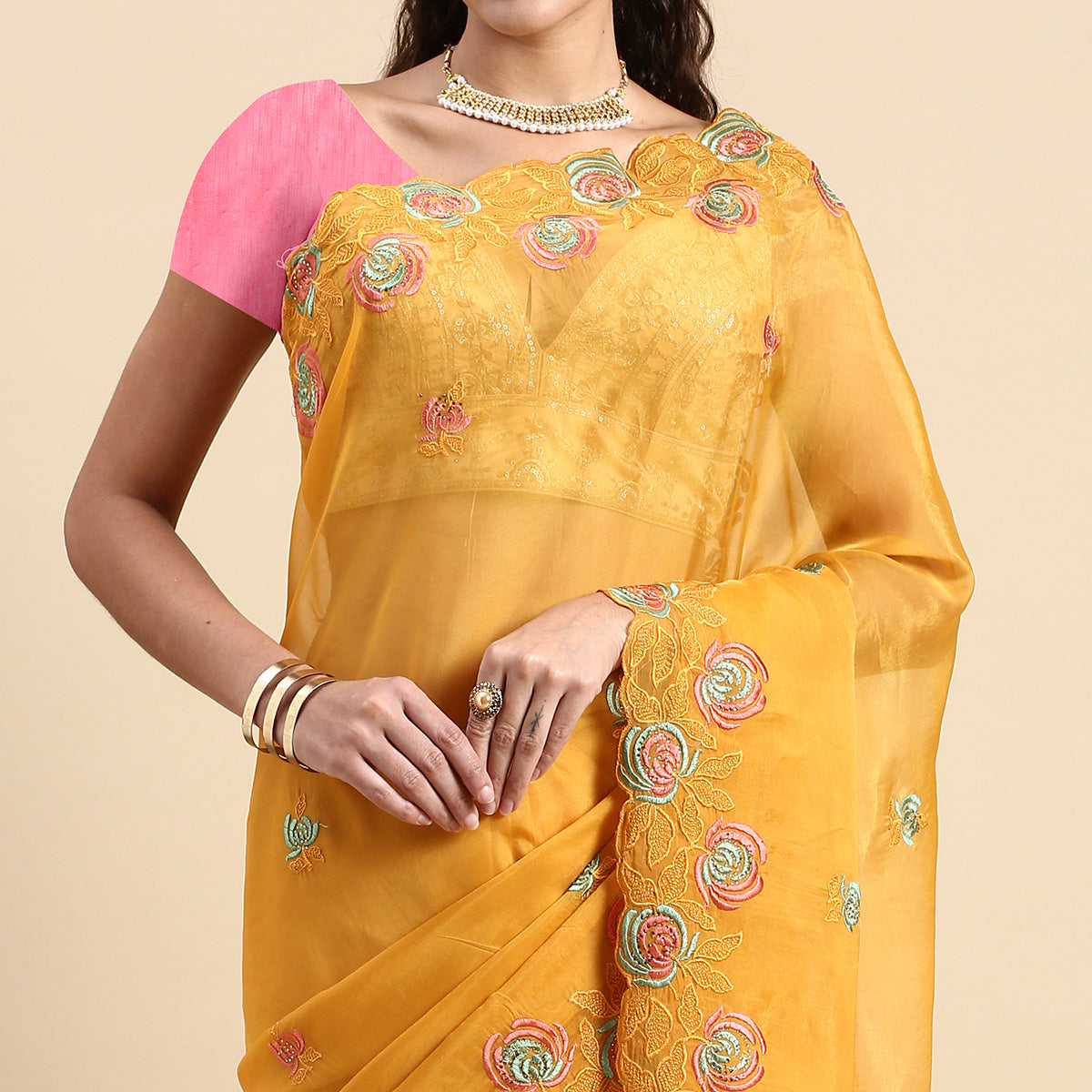 Yellow Floral Embroidered Organza Saree