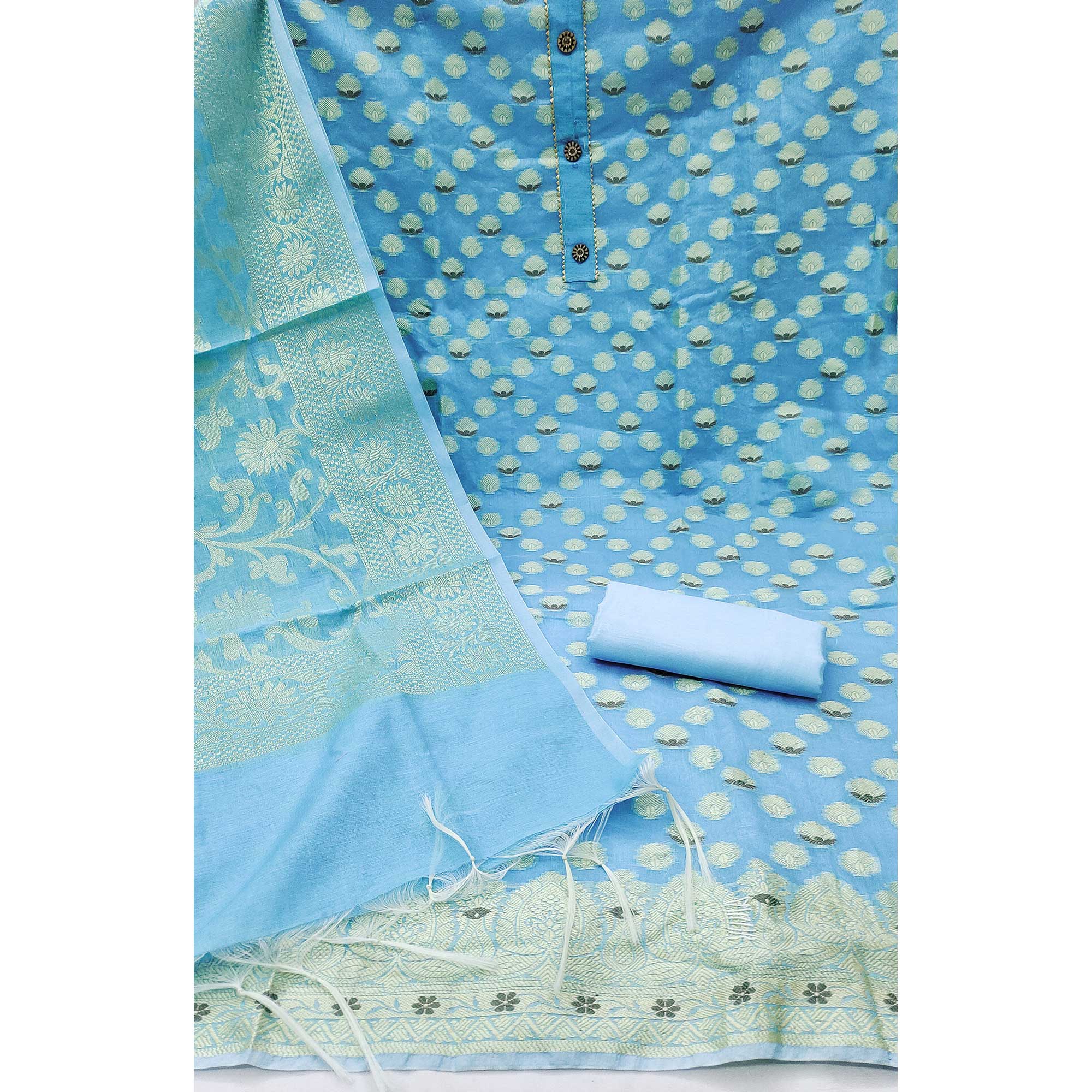 Blue Woven Banarasi Silk Dress Material