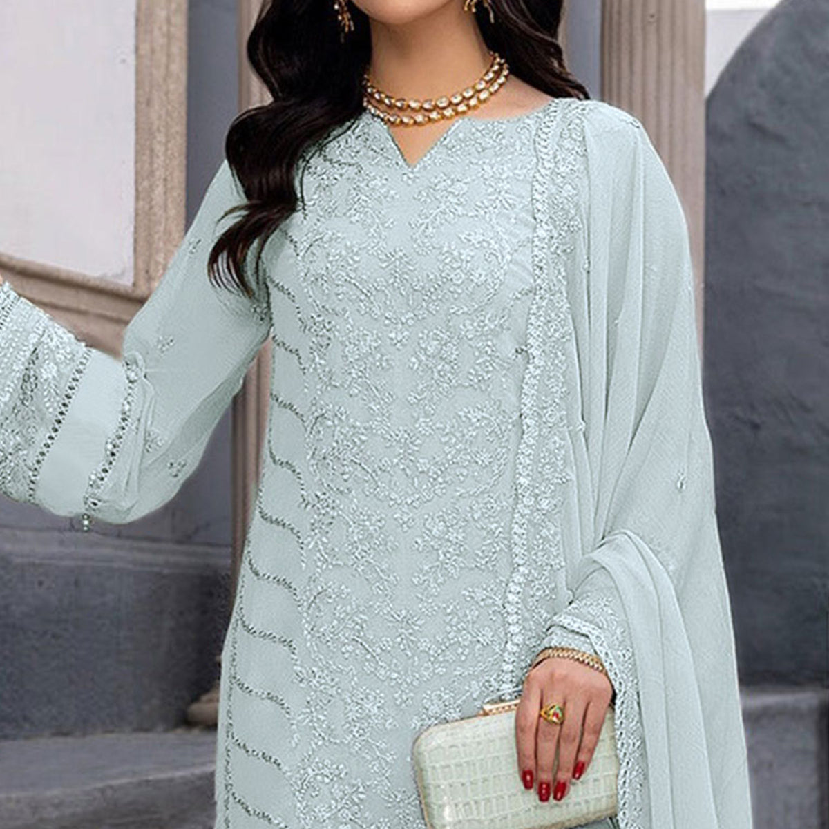 Teal Grey Floral Embroidered Georgette Semi Stitched Suit