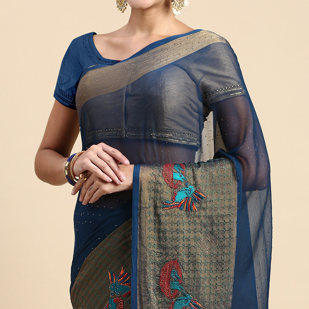 Blue Embroidered With Swarovski Work Viscose Saree