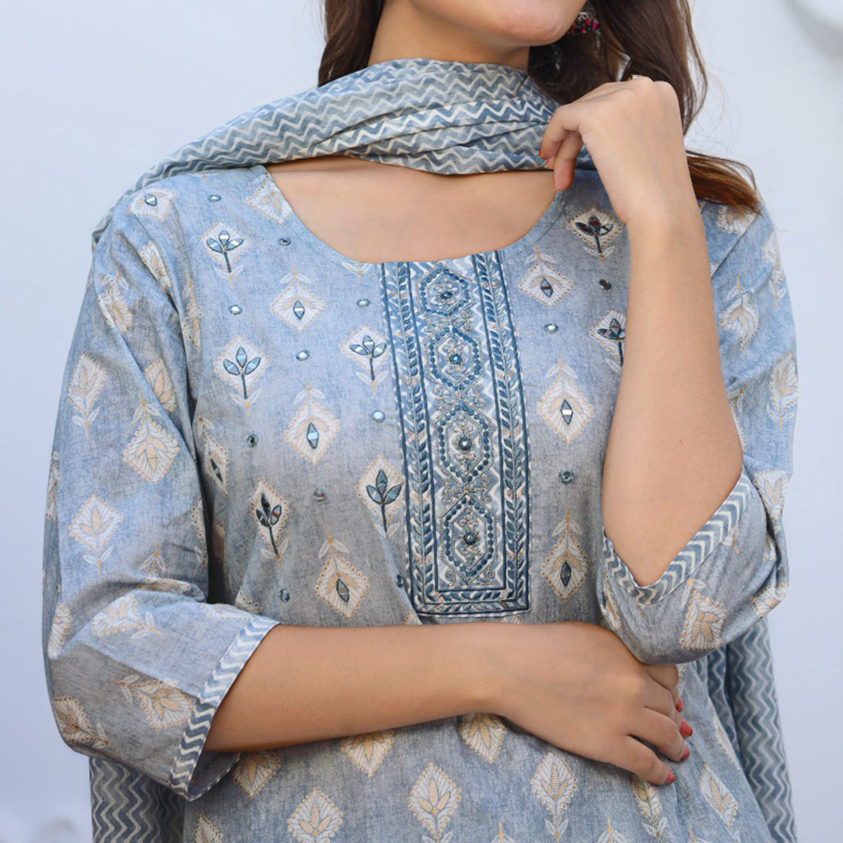 Grey Jaipuri Printed Pure Cotton Suit