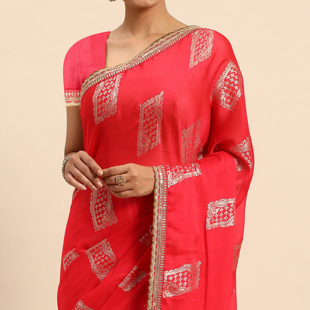 Pink Foil Printed With Embroidered Border Chiffon Saree