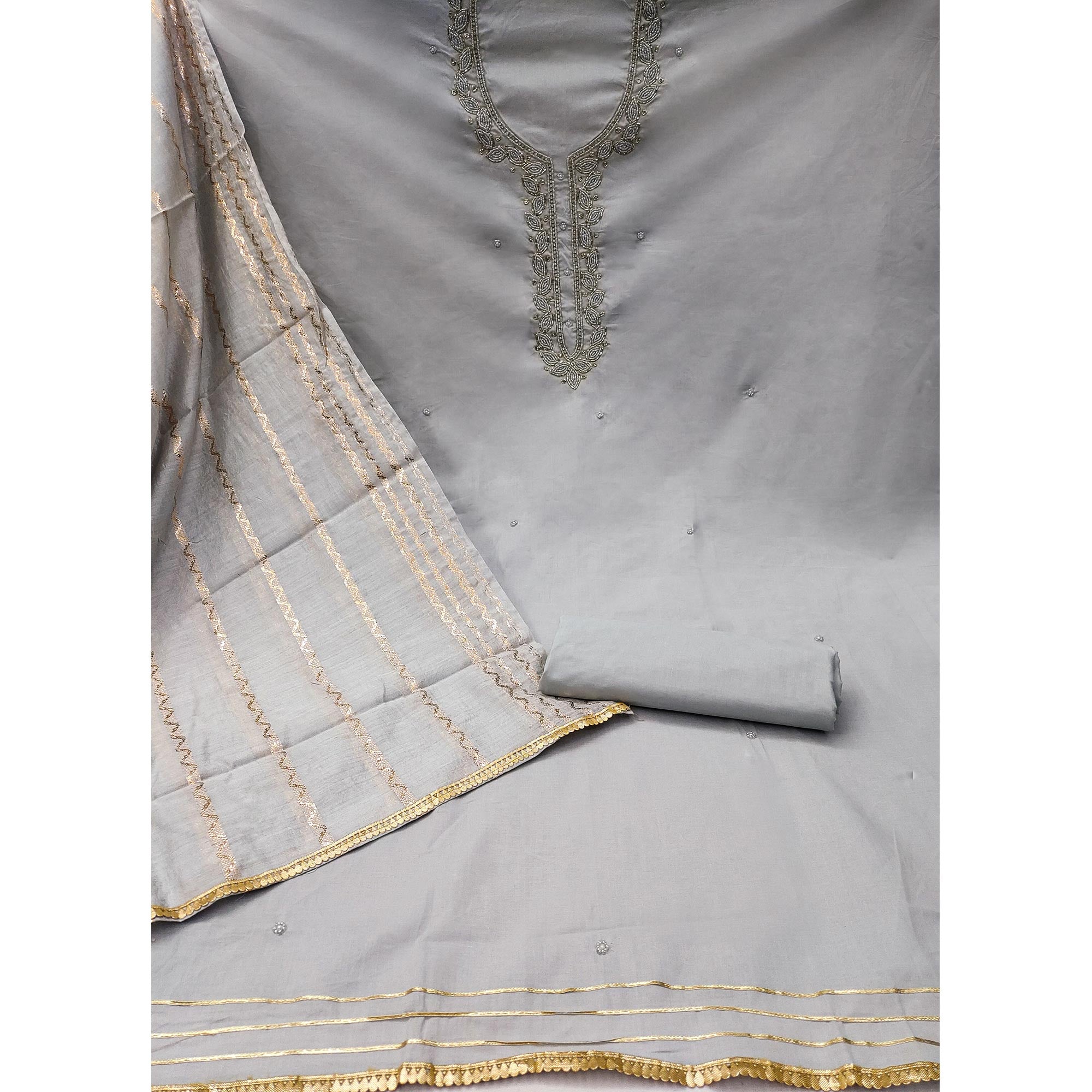 Grey Zardosi Moti Work Pure Cotton Dress Material