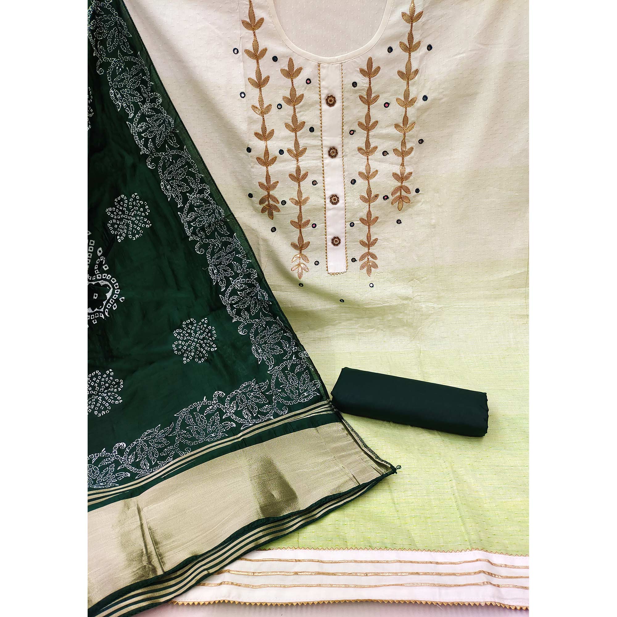 White & Green Floral Gota Patti Work Pure Cotton Dress Material