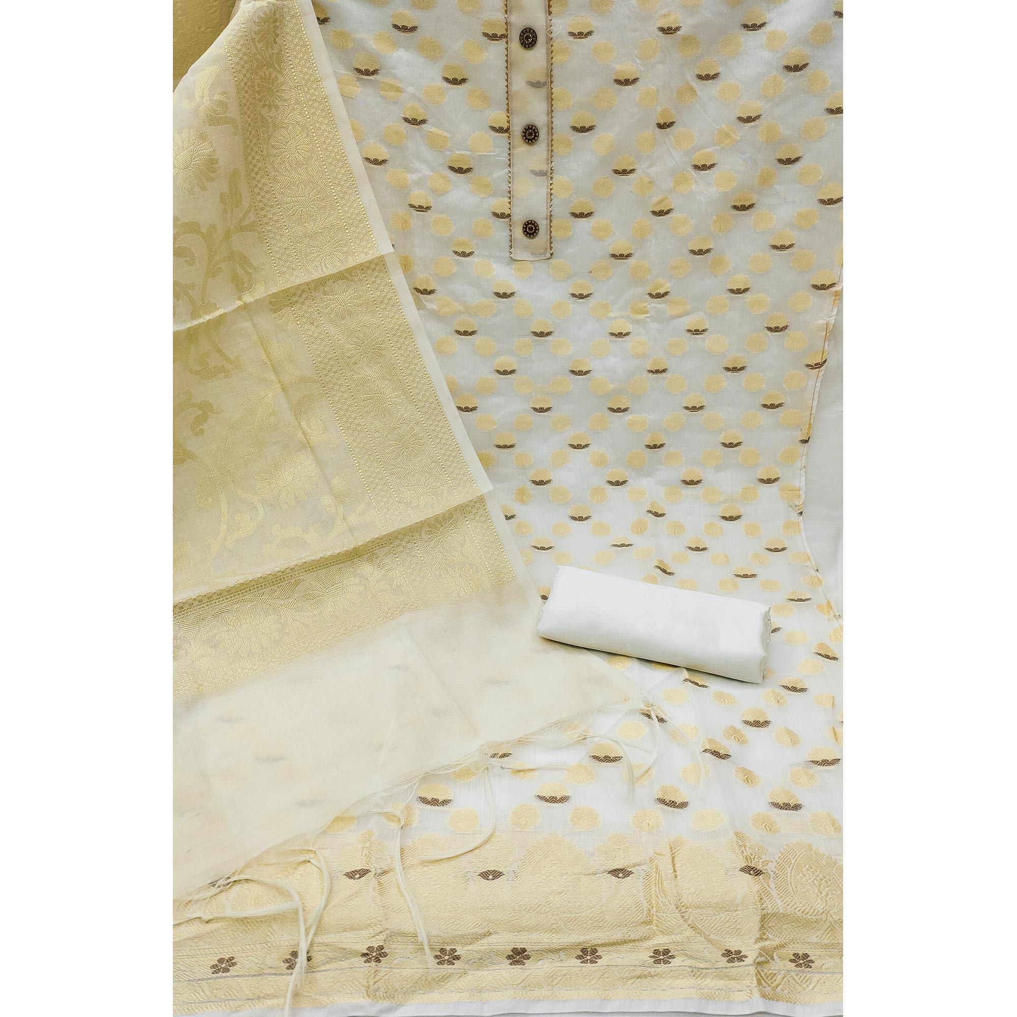 White Woven Banarasi Silk Dress Material