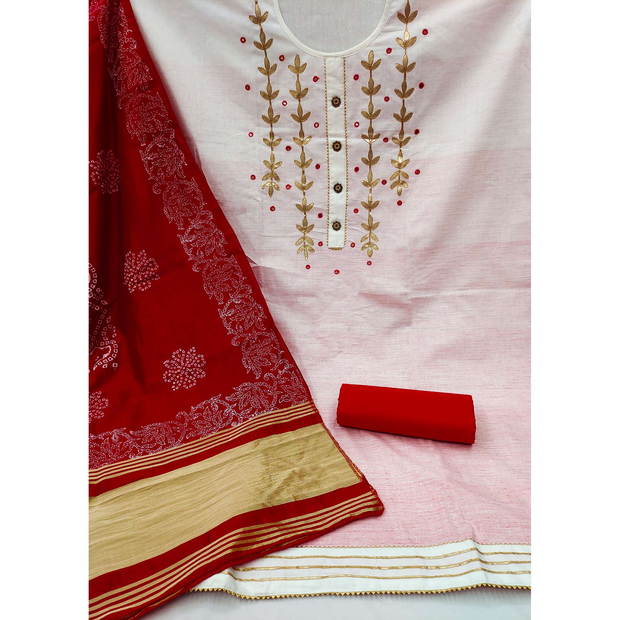 White & Red Floral Gota Patti Work Pure Cotton Dress Material