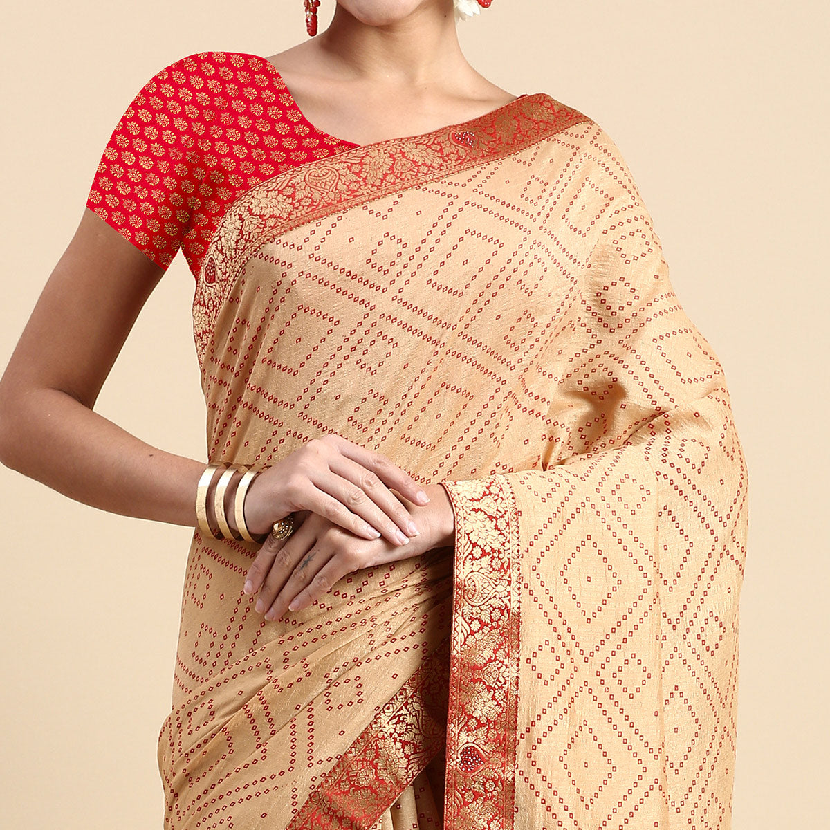 Beige Foil Printed With Swarovski Vichitra Silk Saree