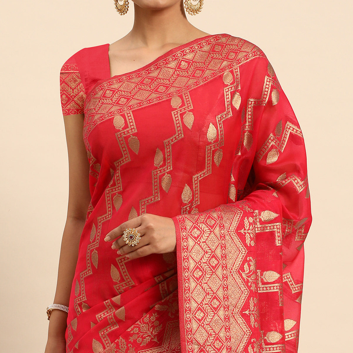 Rani Pink Floral Woven Organza Silk Saree With Tassels