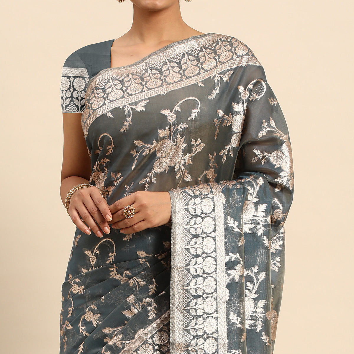 Grey Floral Woven Organza Silk Saree With Tassels