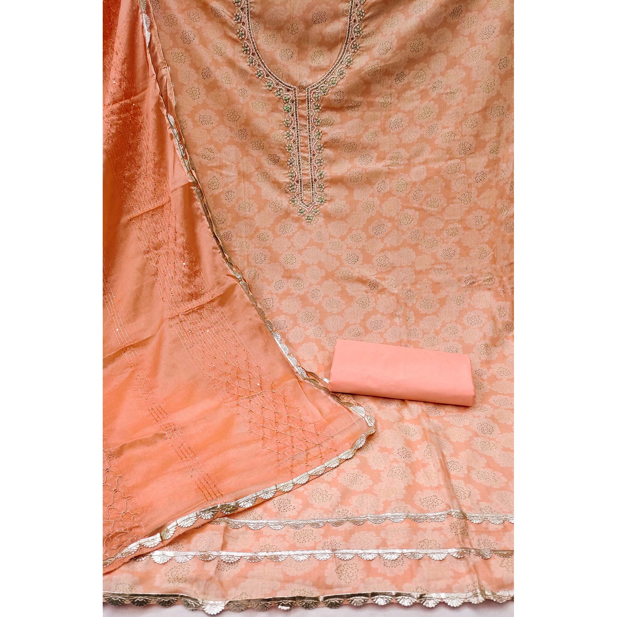 Peach Printed With Motiwork Pure Cotton Dress Material