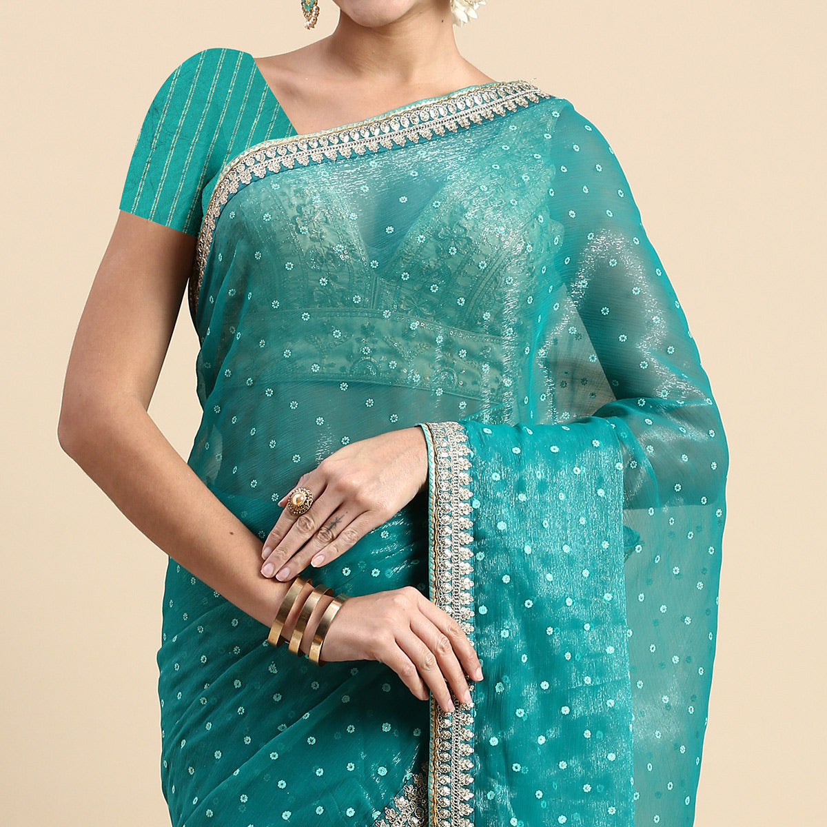 Turquoise Foil Printed With Embroidered Border Chiffon Saree