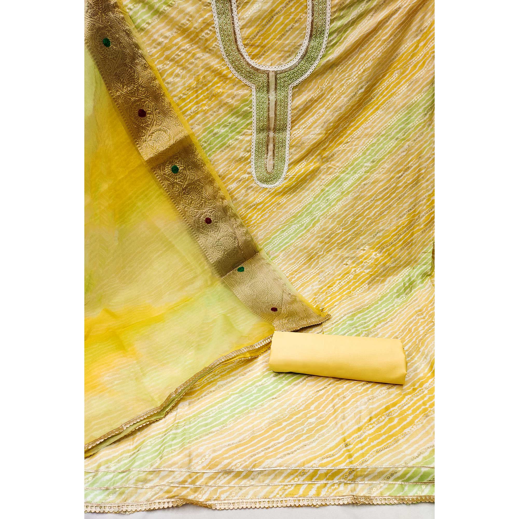 Yellow Printed With Handwork Pure Cotton Dress Material