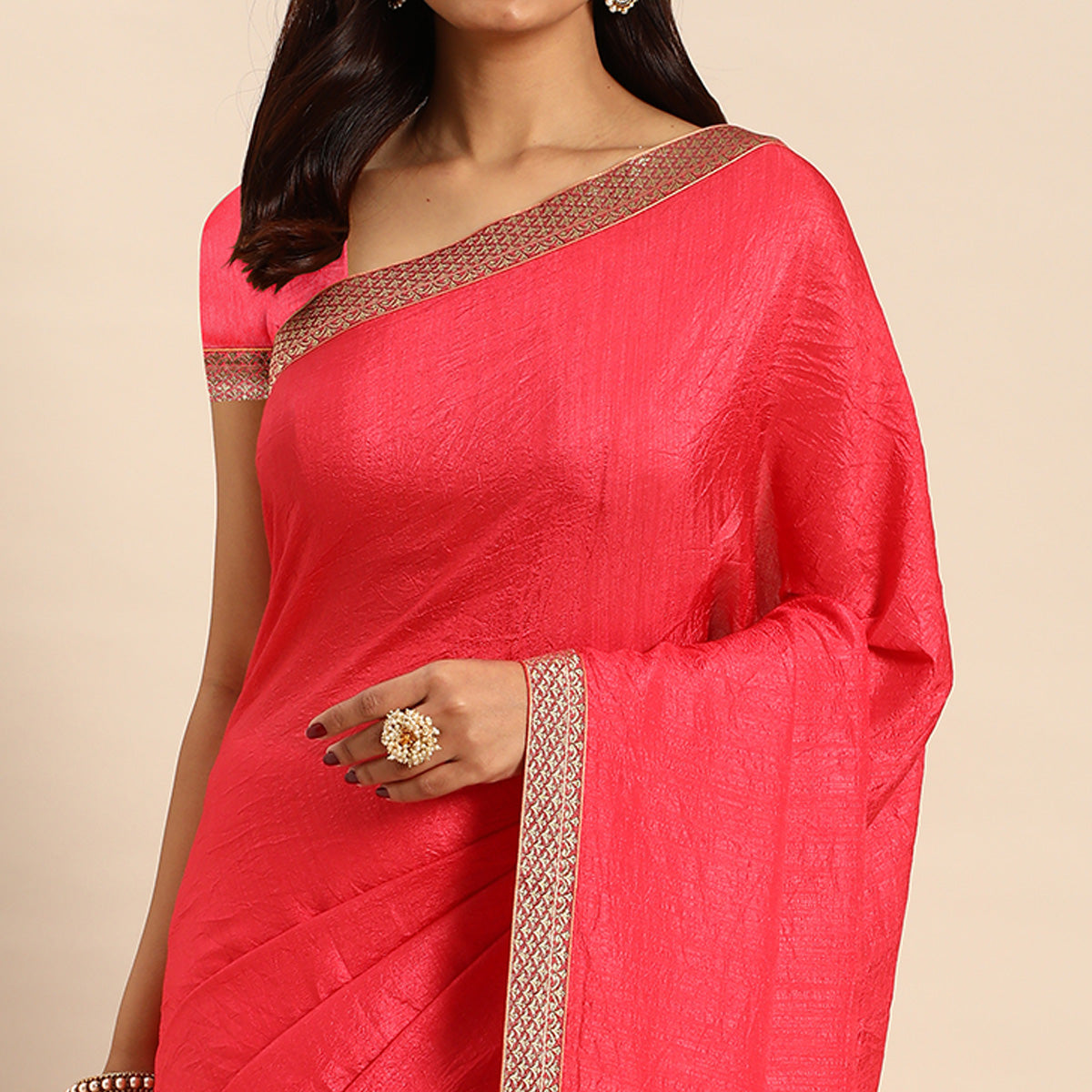 Pink Solid Vichitra Silk Saree With Fancy Border