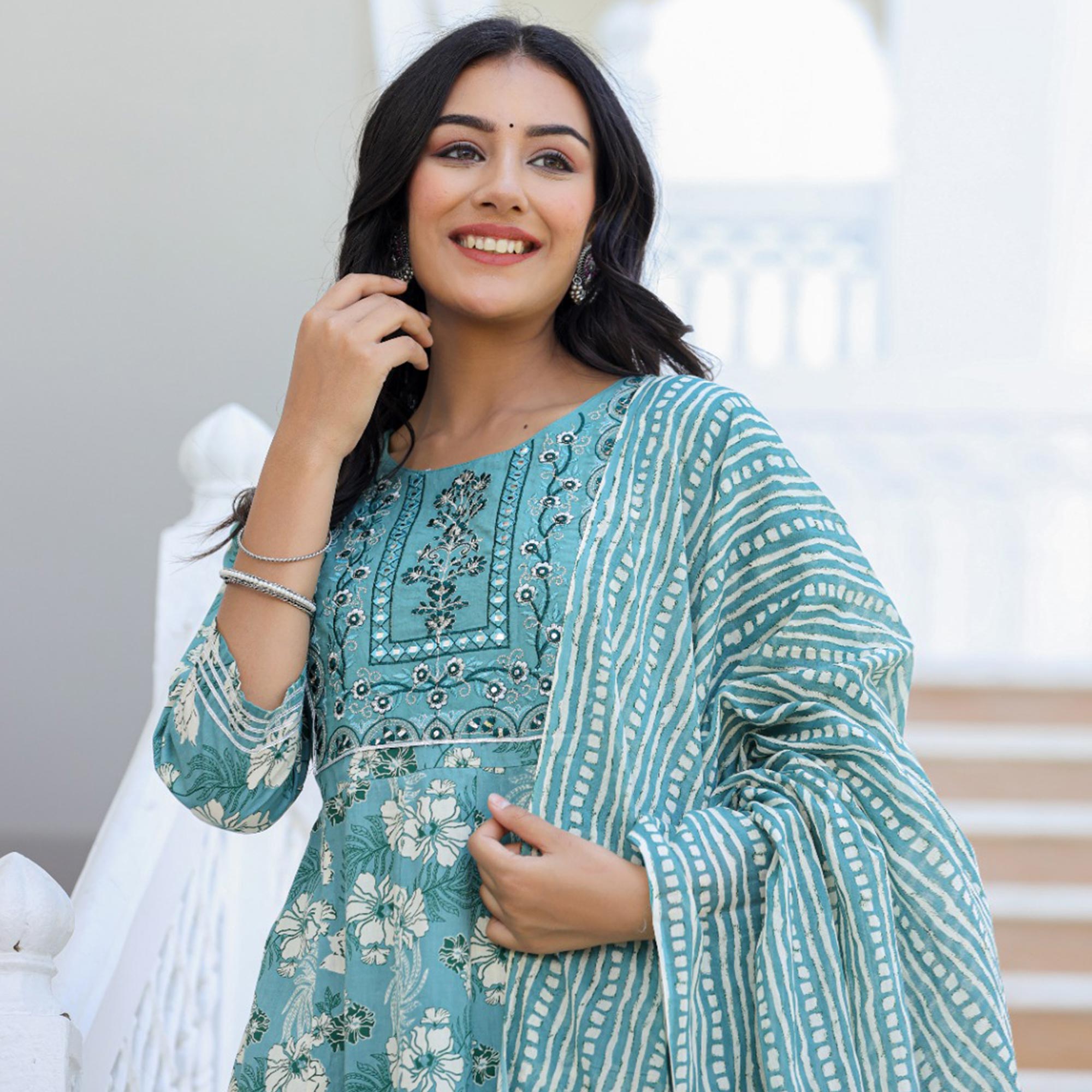 Turquoise Blue Printed With Embroidered Pure Cotton Anarkali Suit