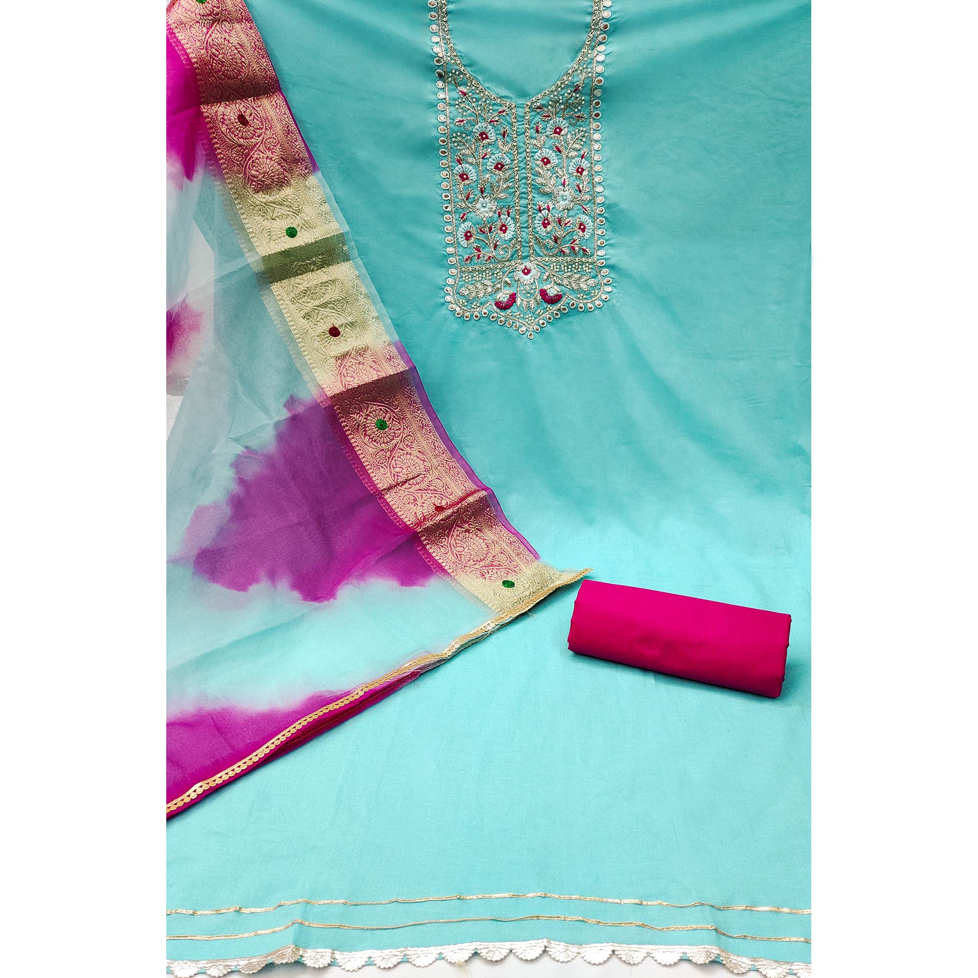 Blue Floral Embroidered Pure Cotton Dress Material