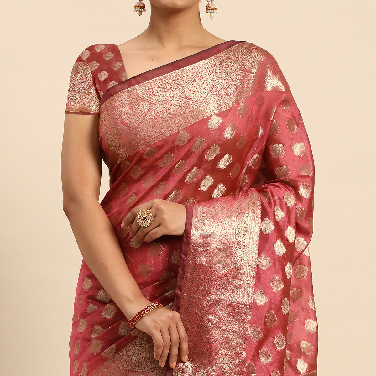 Pink Woven Organza Silk Saree With Tassels