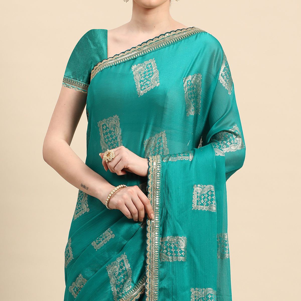Turquoise Foil Printed With Embroidered Border Chiffon Saree