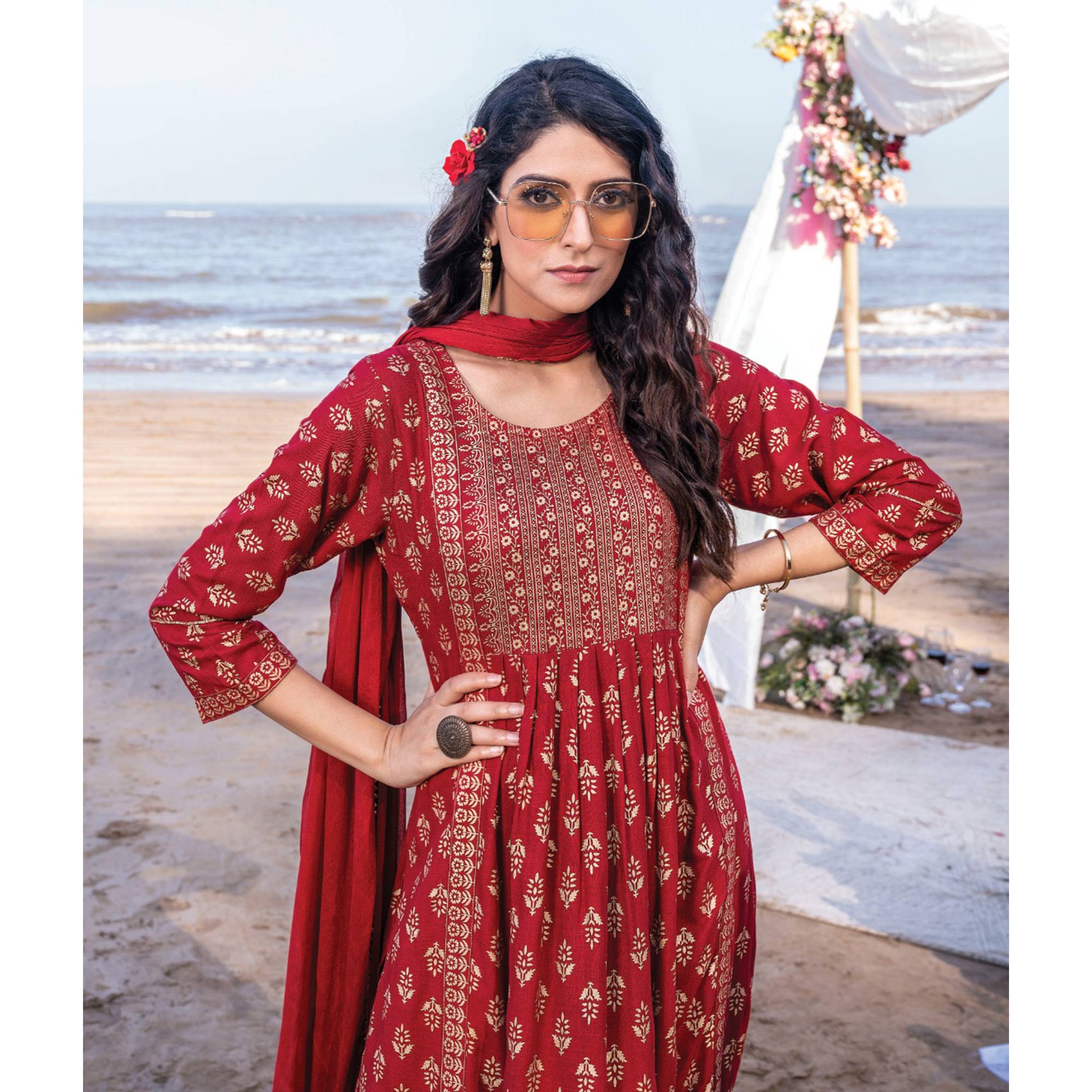 Red Foil Printed Rayon Naira Cut Suit