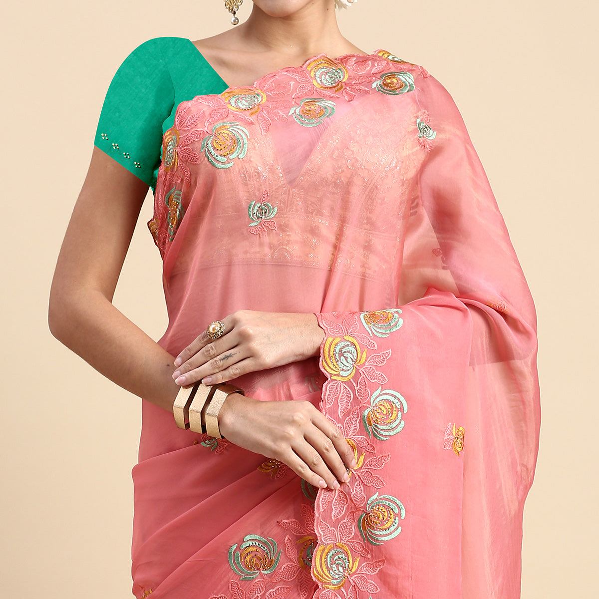 Pink Floral Embroidered Organza Saree