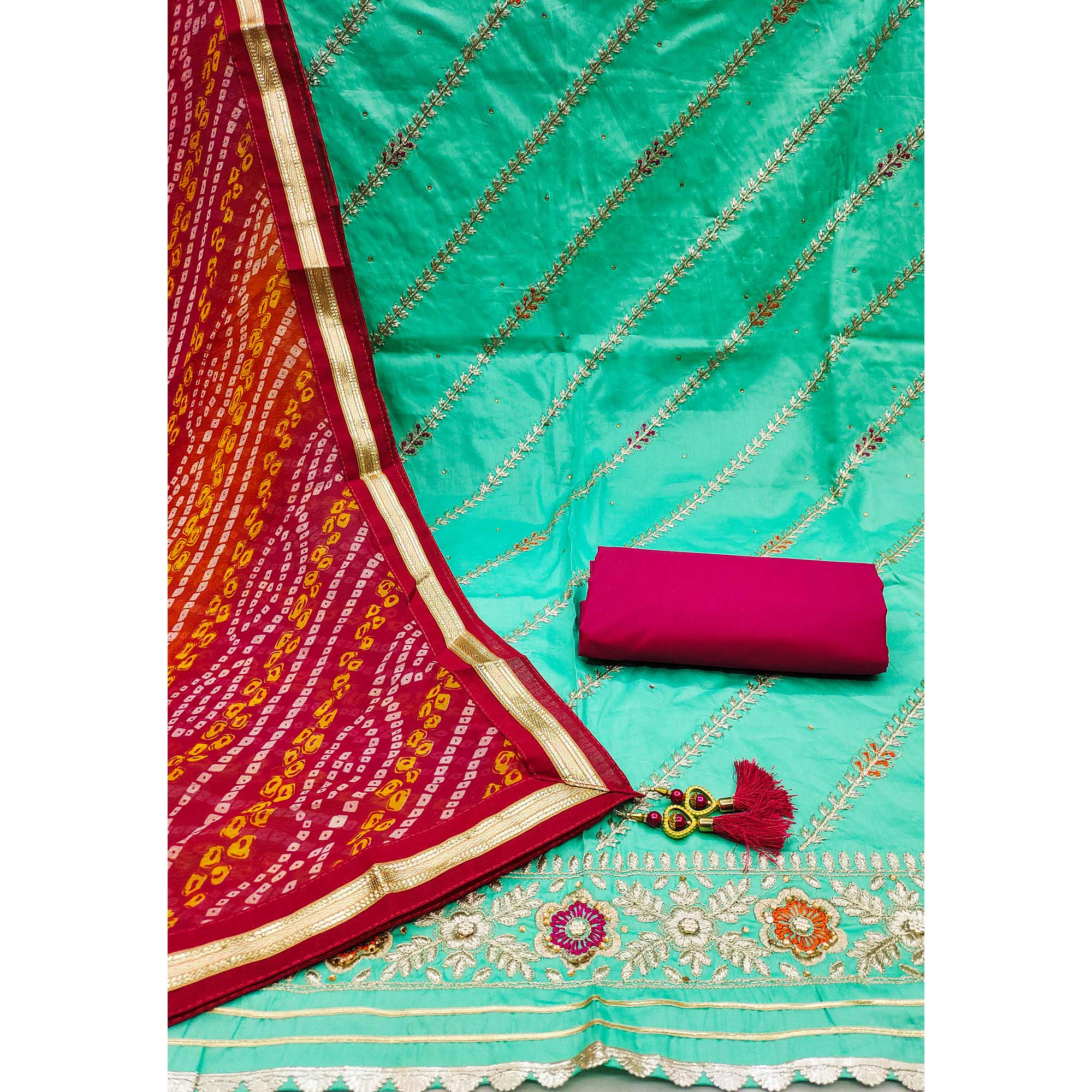 Turquoise Floral Embroidered Pure Cotton Dress Material