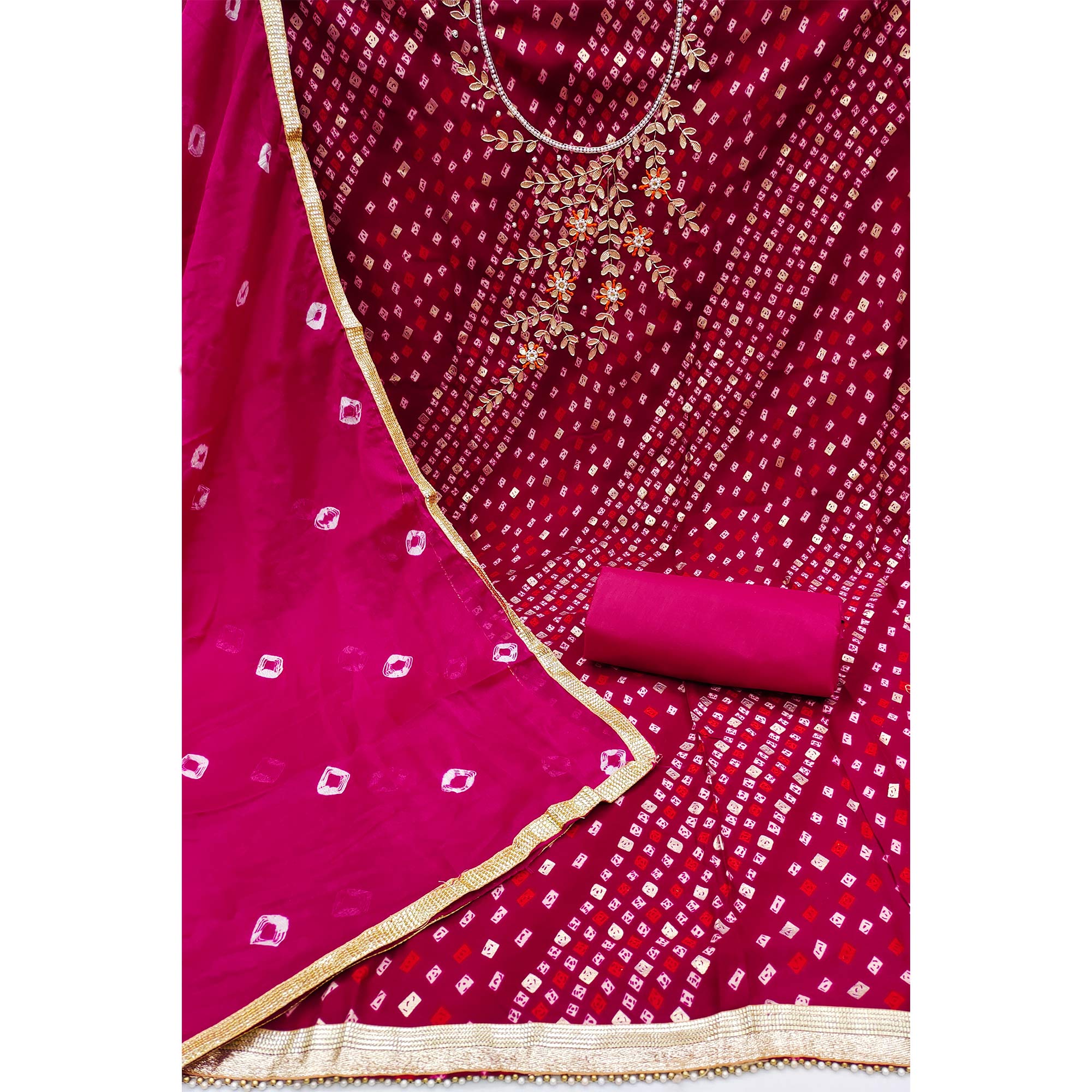 Dark Pink Printed With Handwork Pure Cotton Dress Material