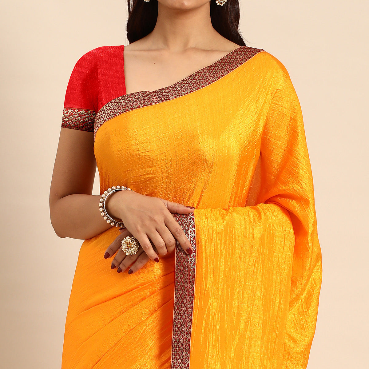 Yellow Solid Vichitra Silk Saree With Fancy Border