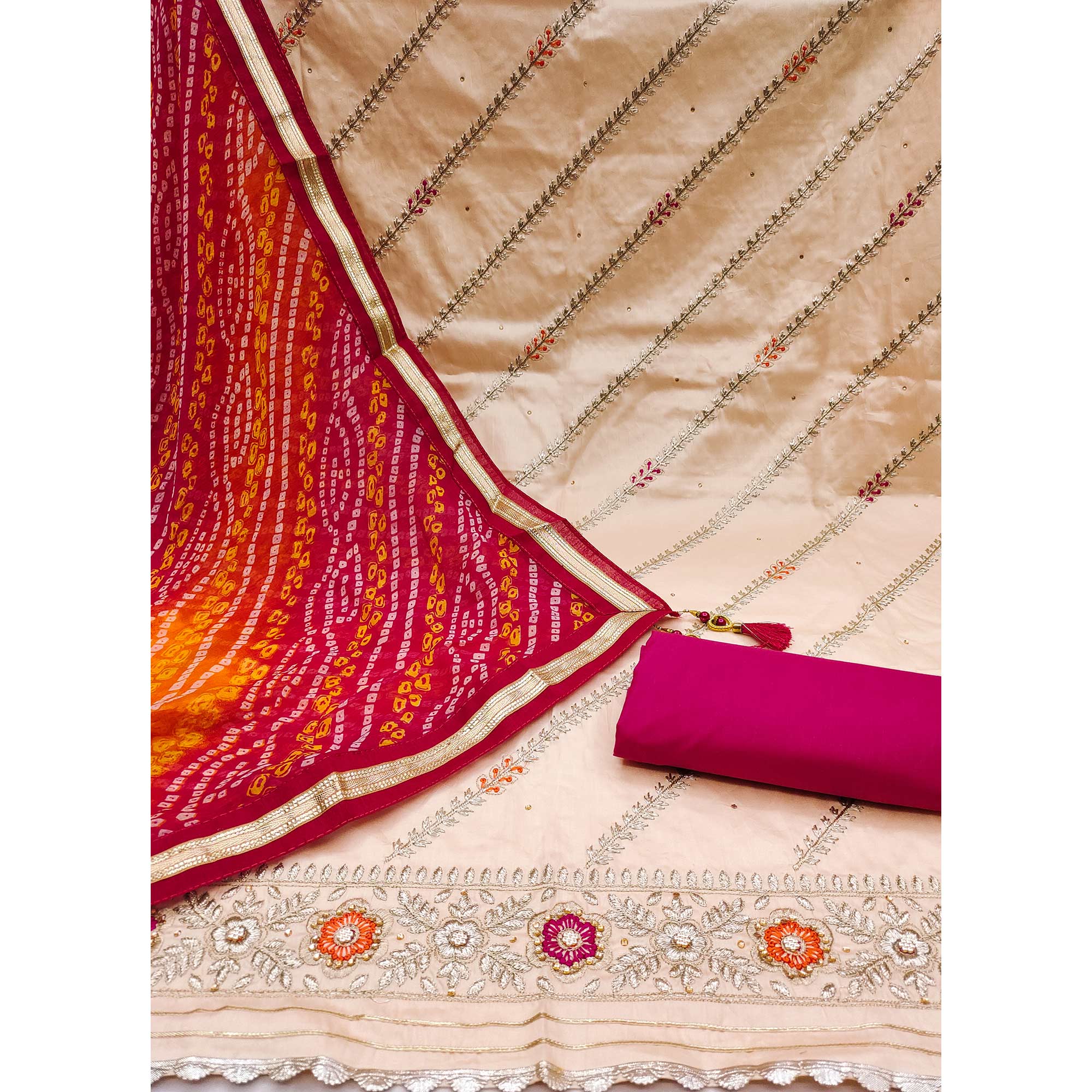 Beige Floral Embroidered Pure Cotton Dress Material