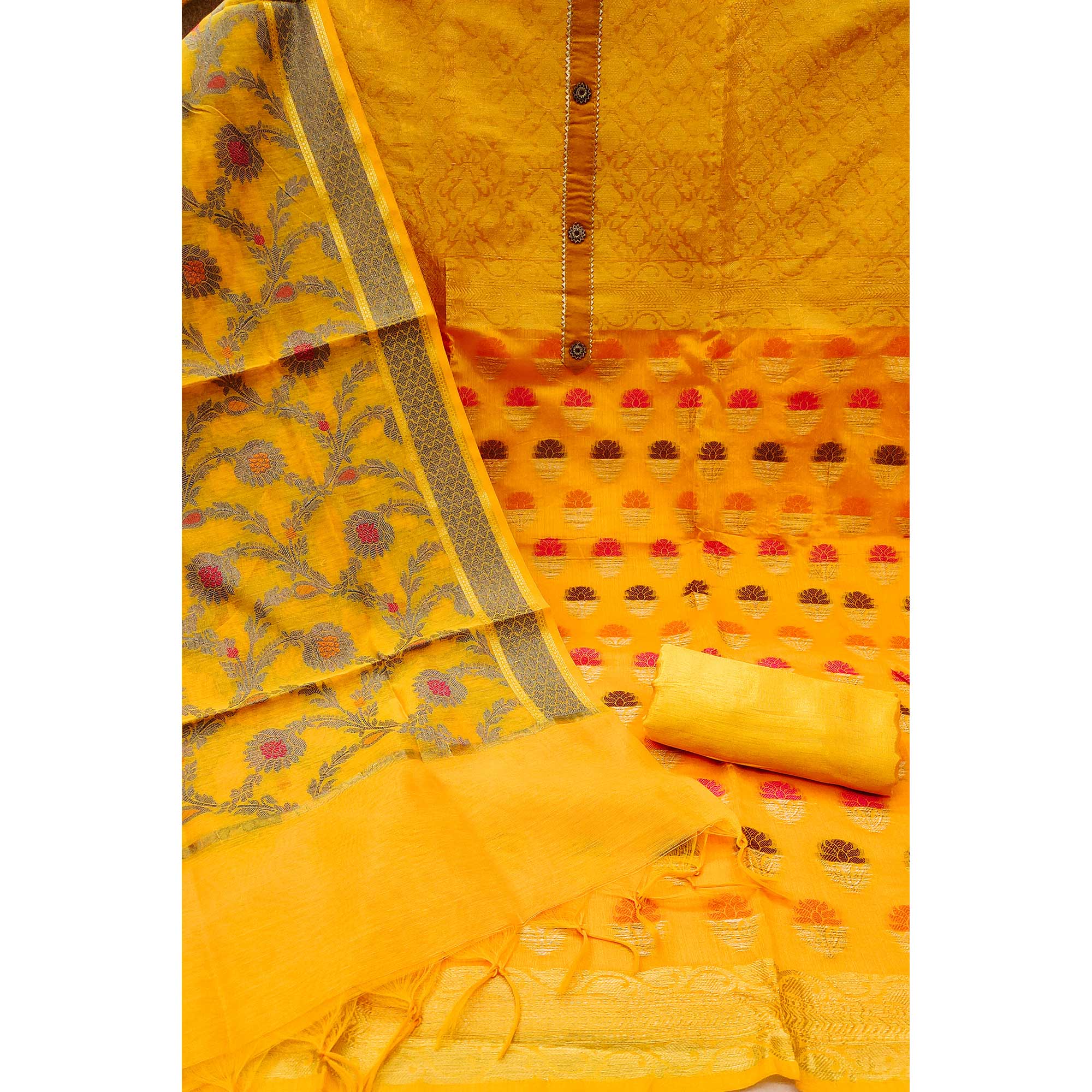 Yellow Floral Woven Banarasi Silk Dress Material