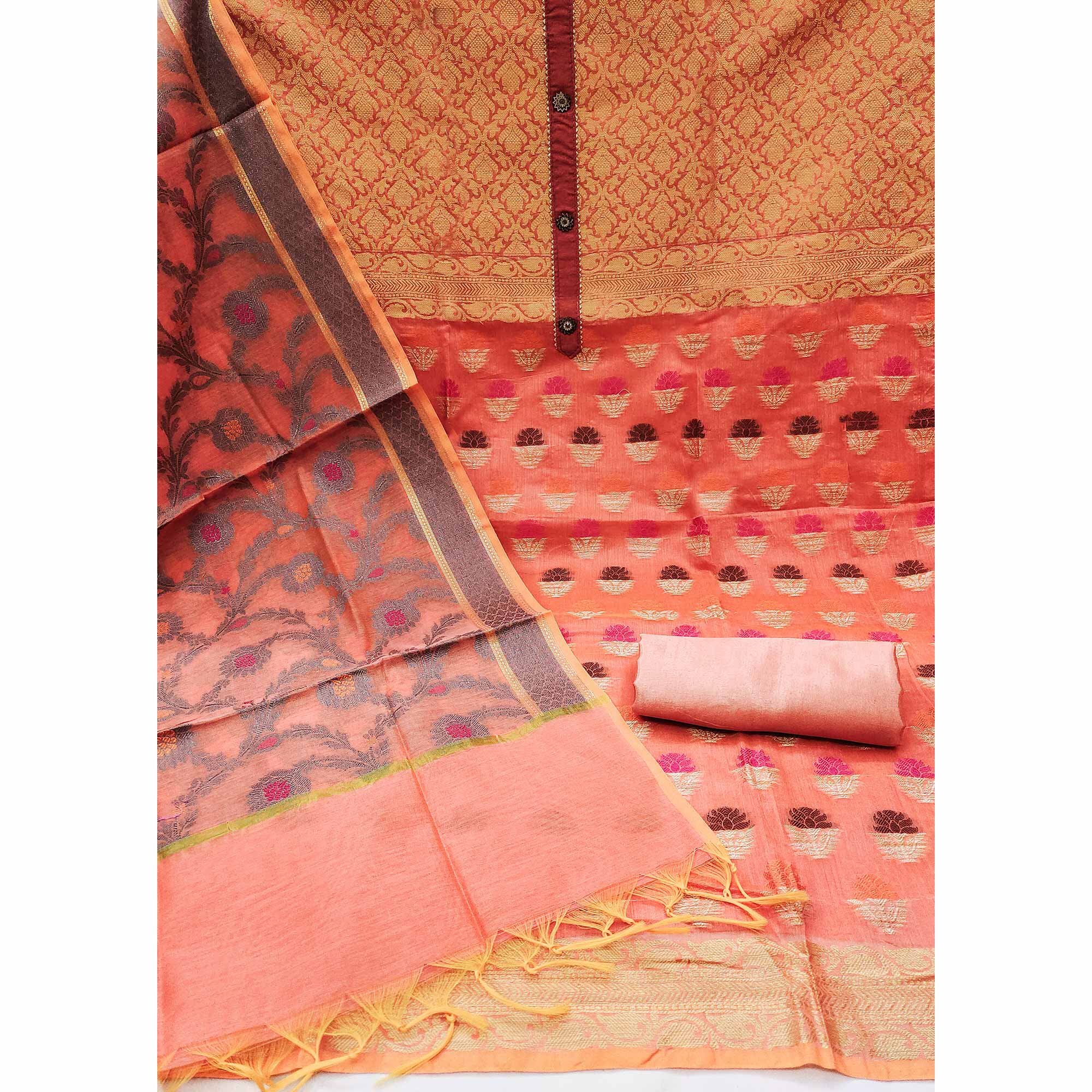 Oragne Floral Woven Banarasi Silk Dress Material