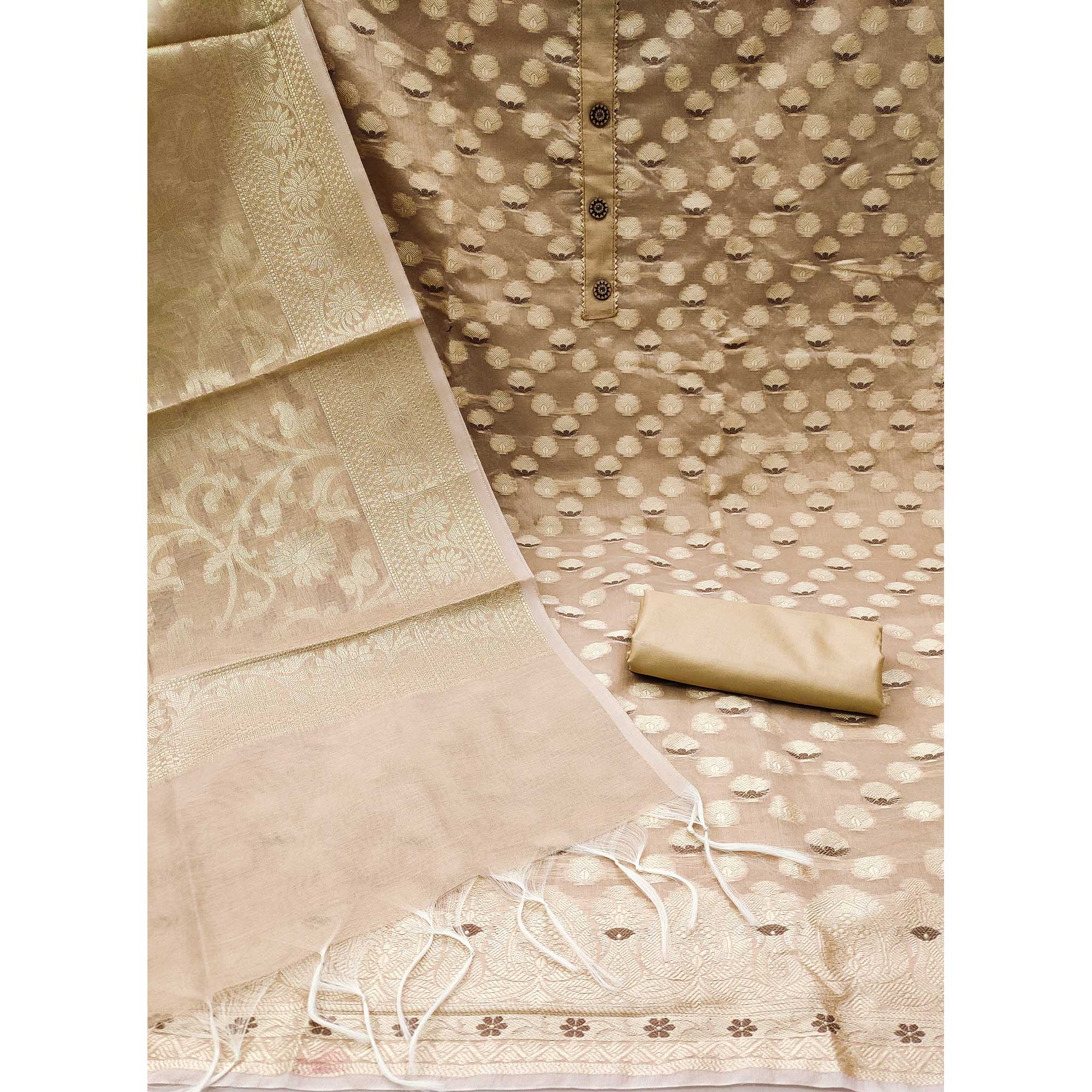 Chikoo Woven Banarasi Silk Dress Material