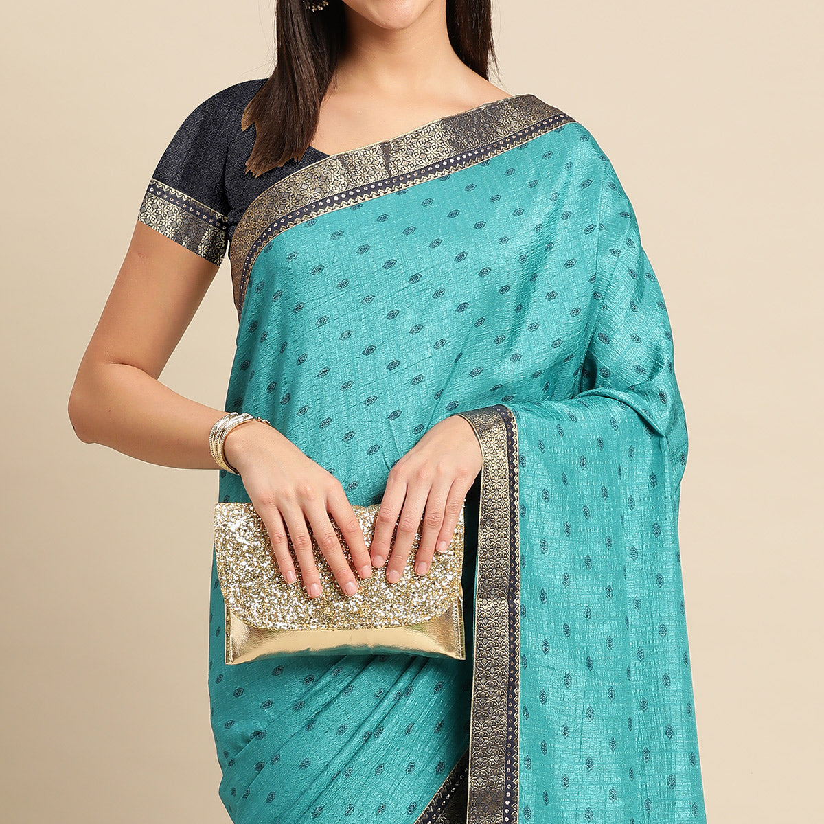 Rama Blue Printed Vichitra Silk Saree